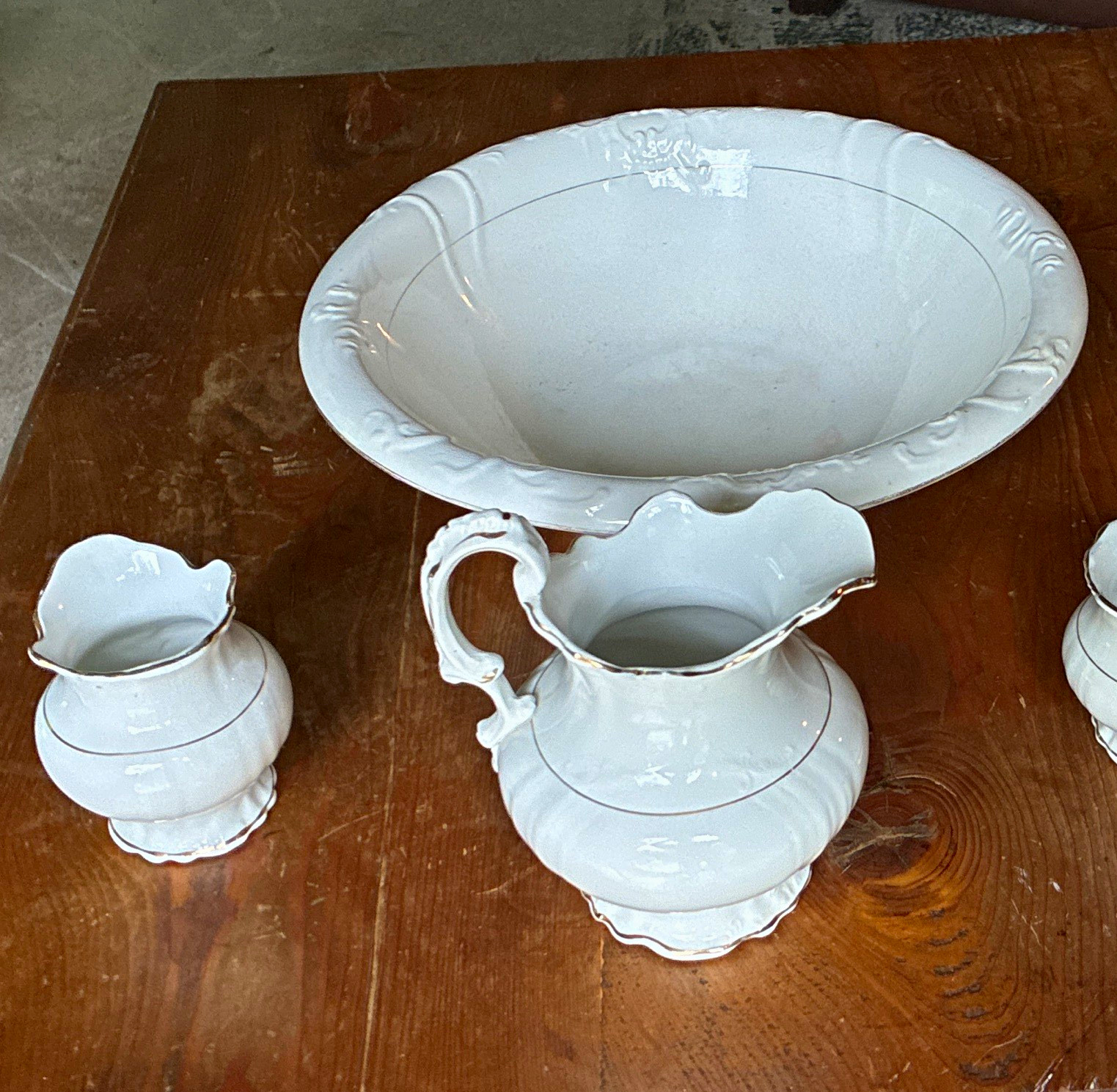 Wash set White Ceramic Pitcher with Glossy Finish, Printed Backstamp, Unmarked Wash set White Ceramic Pitcher with Glossy Finish, Printed Backstamp, Unmarked