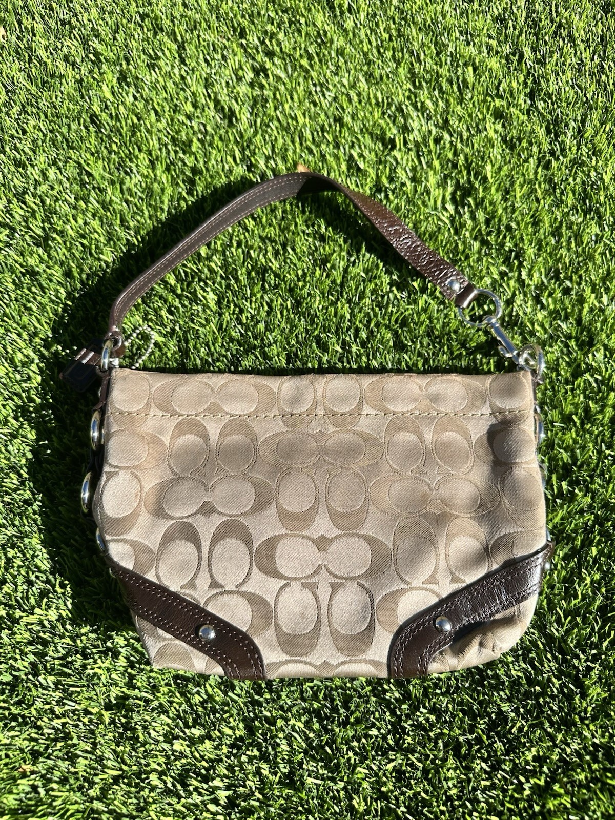 Vintage Coach Signature Beige Brown Small Shoulder Bag Zip Vintage Coach Signature Beige Brown Small Shoulder Bag Zip