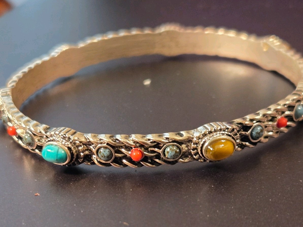 Vintage RJ Graziano Silvertone Cabochons Bangle Bracelet 