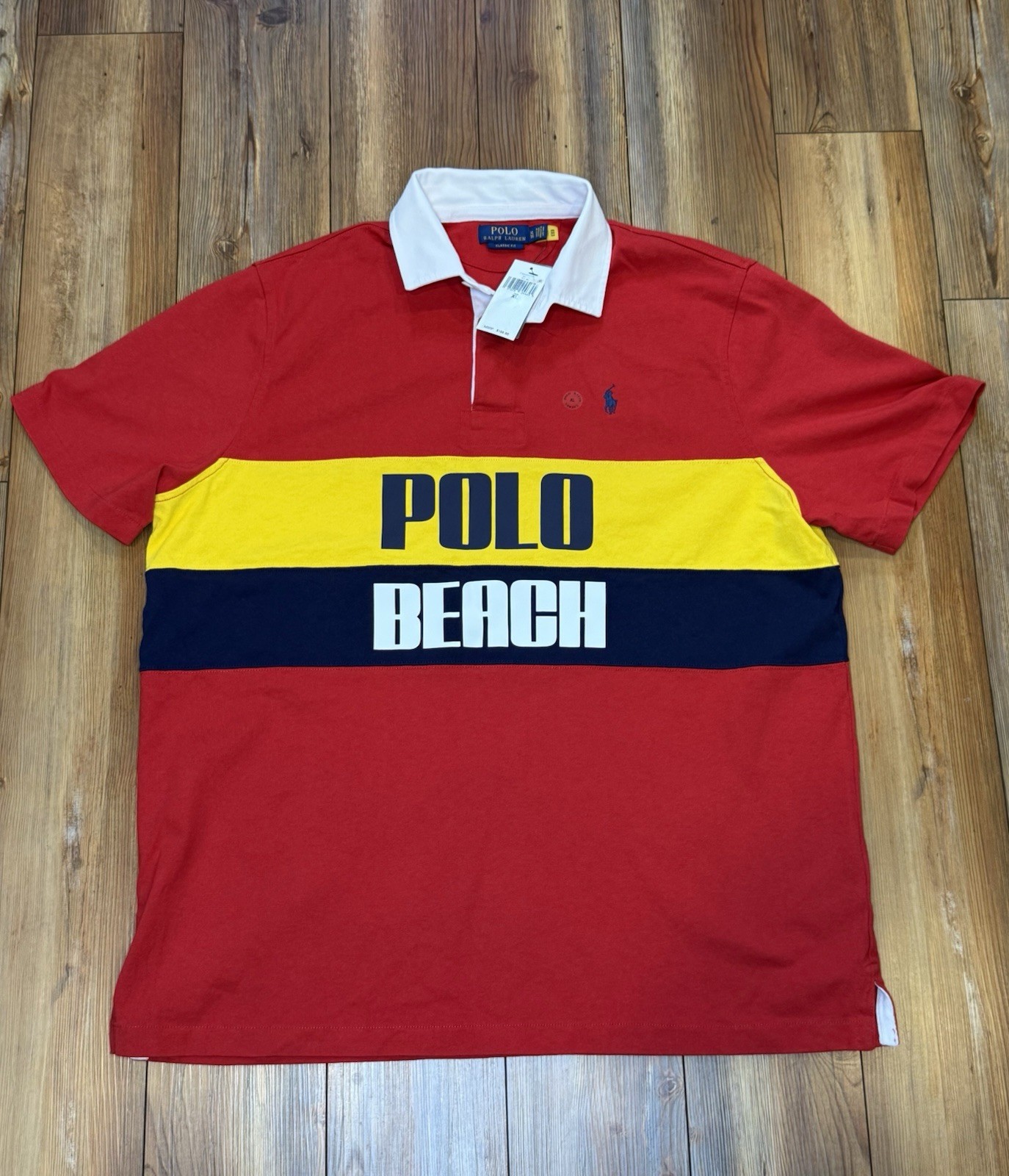 NWT Polo Ralph Lauren Red, Yellow & Navy \'Polo Beach\' Rugby Classic Fit XL