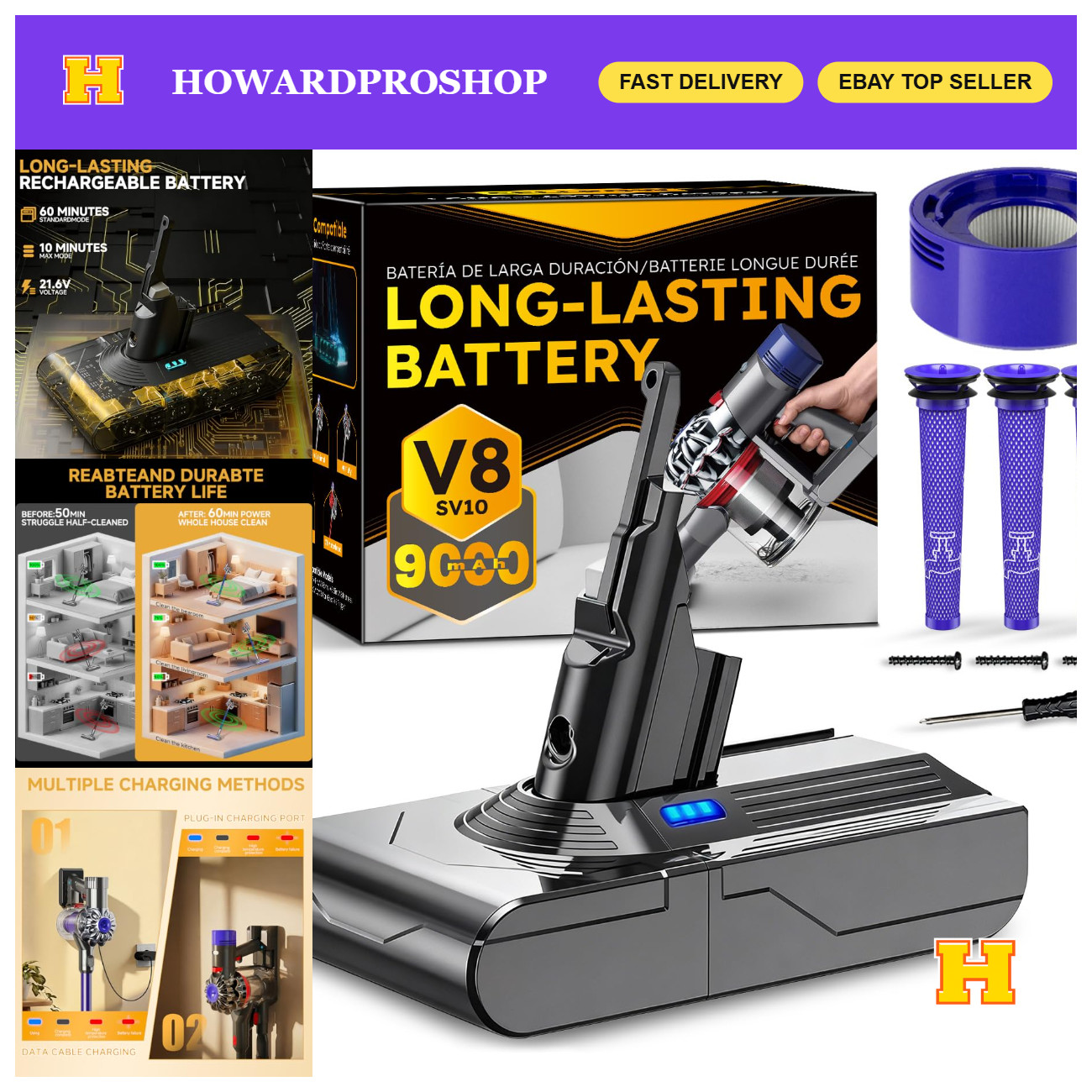 High-Capacity 9000mAh Battery Replacement for Dyson V8/SV10 - 21.6V Upgrade