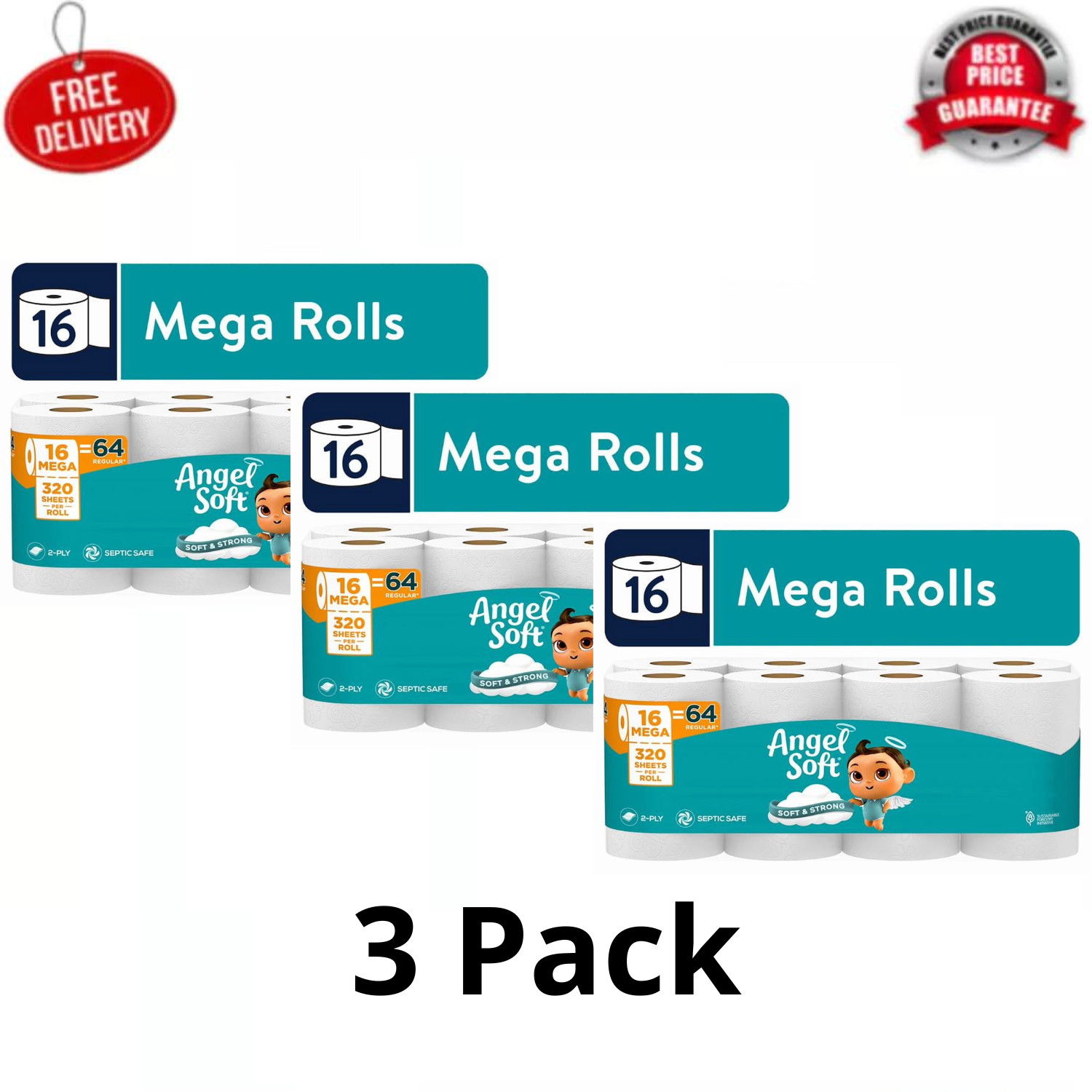 (3 Pack) Angel Soft 2-Ply Toilet Paper, 16 Mega Rolls, 320 Sheets Per Roll (3 Pack) Angel Soft 2-Ply Toilet Paper, 16 Mega Rolls, 320 Sheets Per Roll
