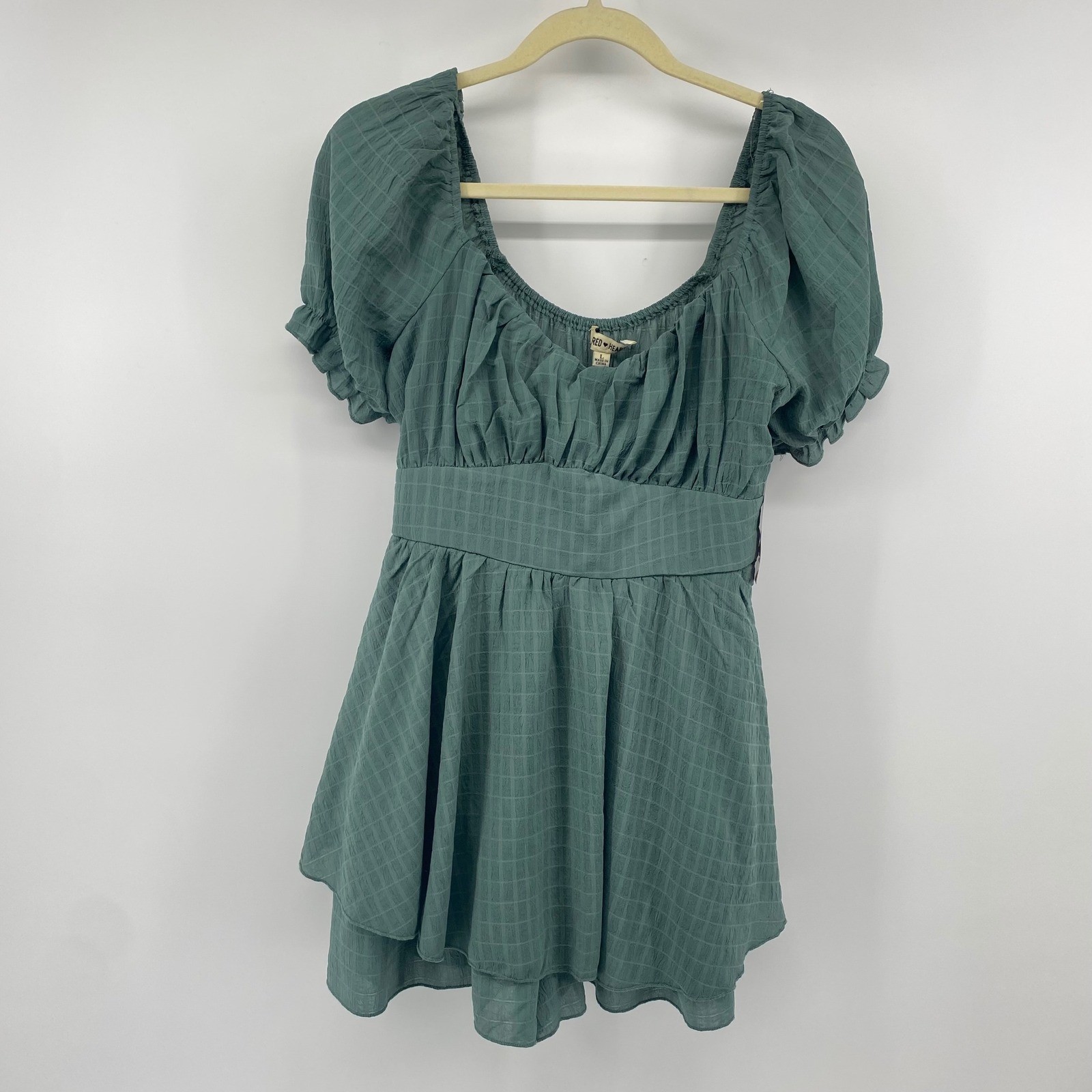 Inspired Hearts Romper Women L Green Puff Sleeve Tiered Boho Cottagecore NWT