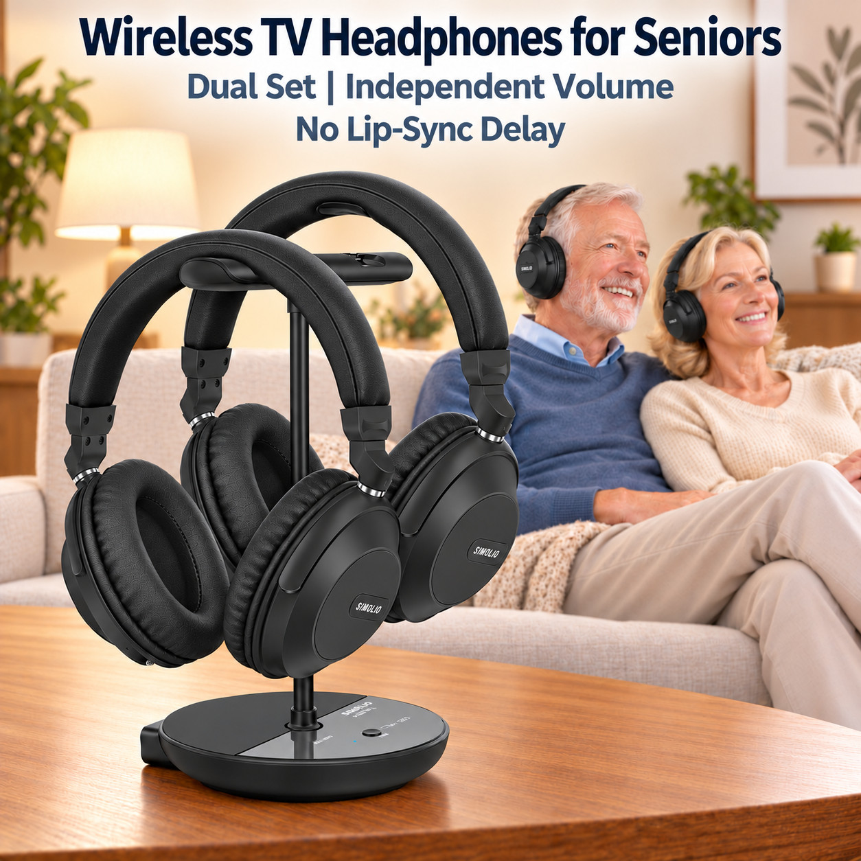 SIMOLIO 737D Plus Wireless TV Headphones for Seniors, No Delay, 50M Long Range