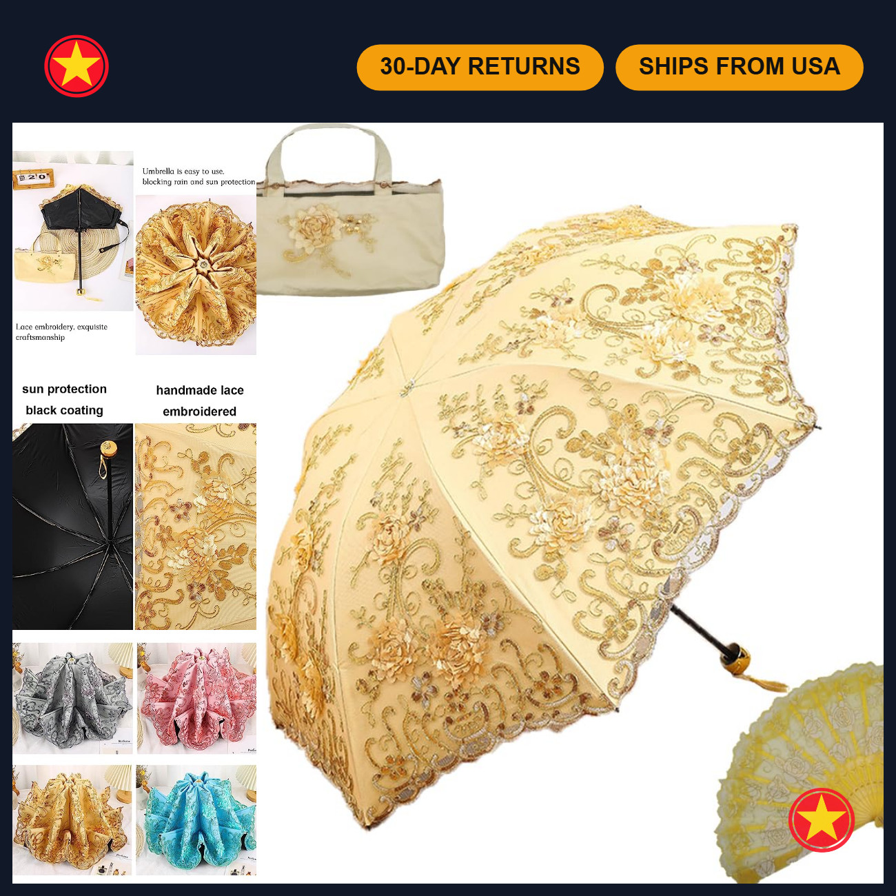 Vintage Lace Sun Umbrella, 3D Flower Embroidery, Compact Folding, UPF50+, Weddin Vintage Lace Sun Umbrella, 3D Flower Embroidery, Compact Folding, UPF50+, Weddin