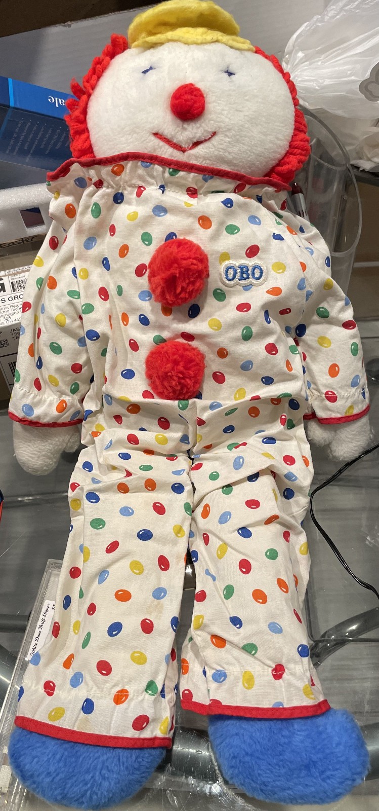 Vtg 1984 Obo Eden Toys Clown Plush Jellybean Polka Dots Yarn Rainbow Large 23” Vtg 1984 Obo Eden Toys Clown Plush Jellybean Polka Dots Yarn Rainbow Large 23”
