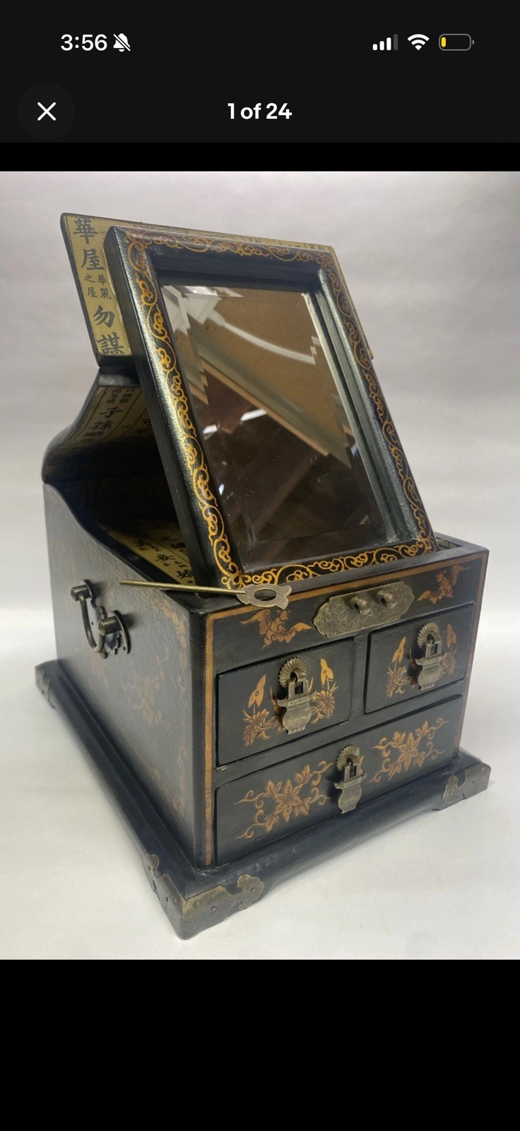 Vintage Chinese Wood Black Lacquer 3 Drawer Mirror Flip Up Jewelry Box Dragons