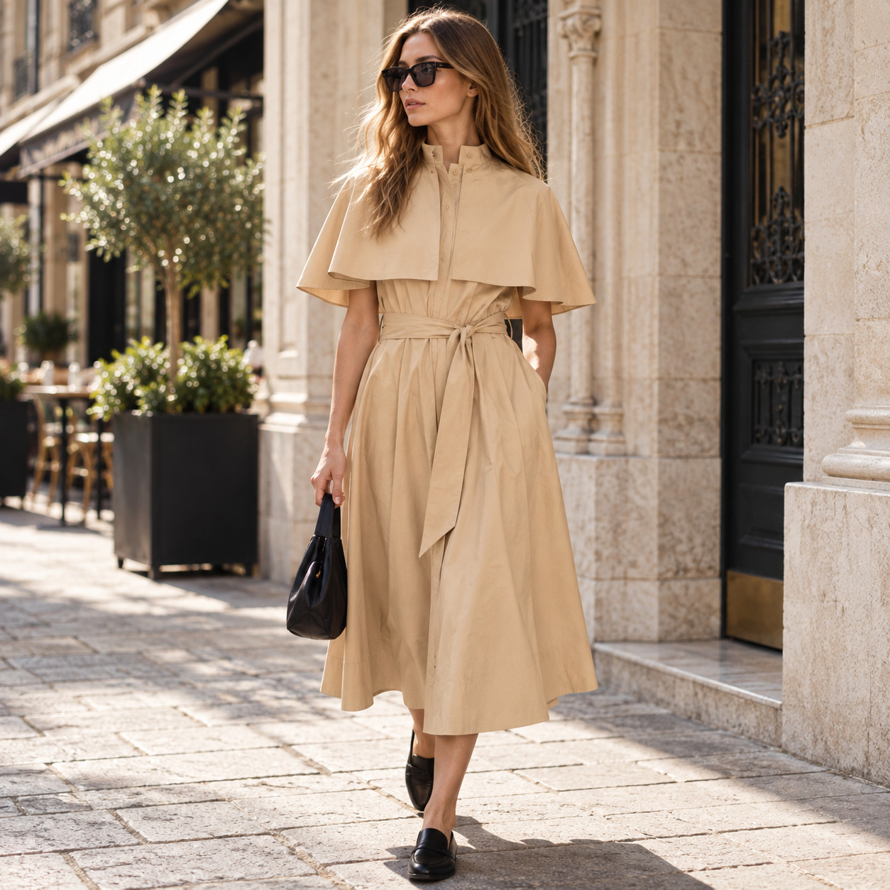 ZARA ZW COLLECTION CAPE SHIRT DRESS TAUPE BROWN BELTED 4786/270/704 NWT