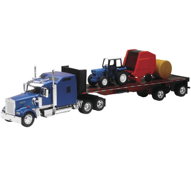 New Ray Toys 1:32 Kenworth W900 Flatbed with Tractor & Haybale
