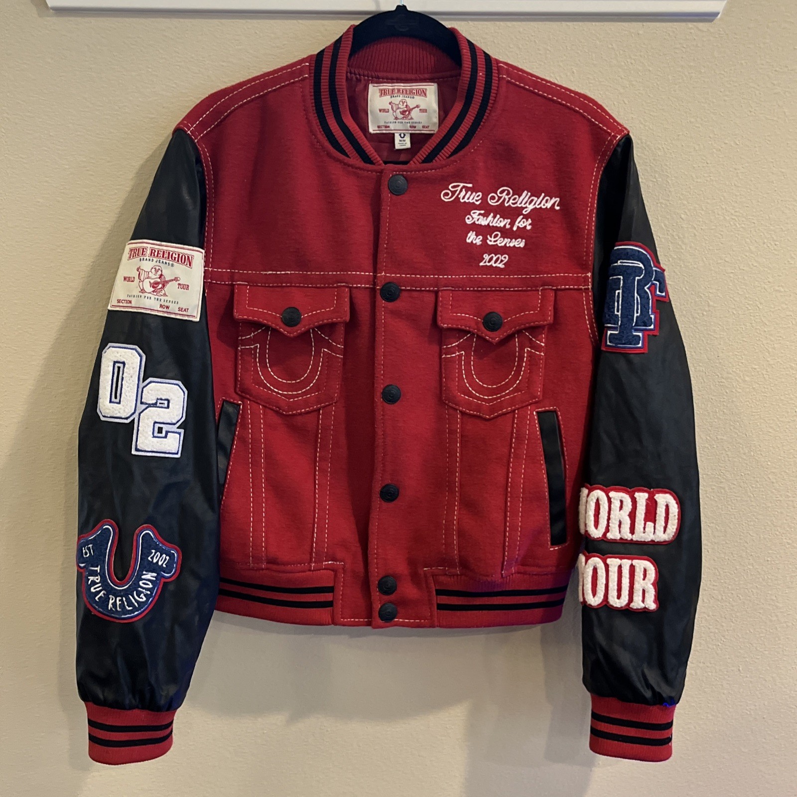 Vtg 2002 True Religion Men\'s Varsity Jacket Size Medium World Tour Red Patches
