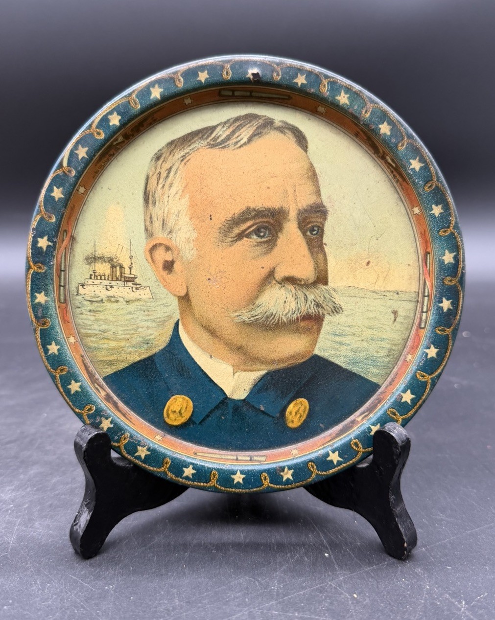 Antique Admiral George Dewey Tin Metal Round Tip Tray Plate 5.75\ Antique Admiral George Dewey Tin Metal Round Tip Tray Plate 5.75\