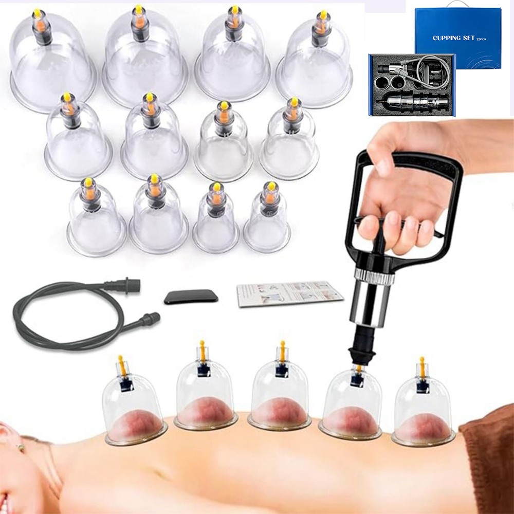12 Cups Cupping Kit for Massage Therapy Set with Pump Muscle Back Pain Relief US