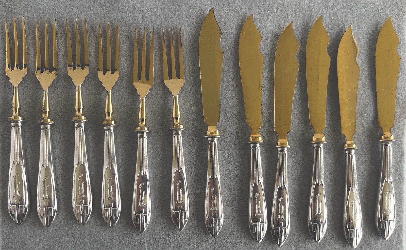 Antique Continental Silver plate Art Deco Fish & Fork Set- Gold Wash - 12 Pieces