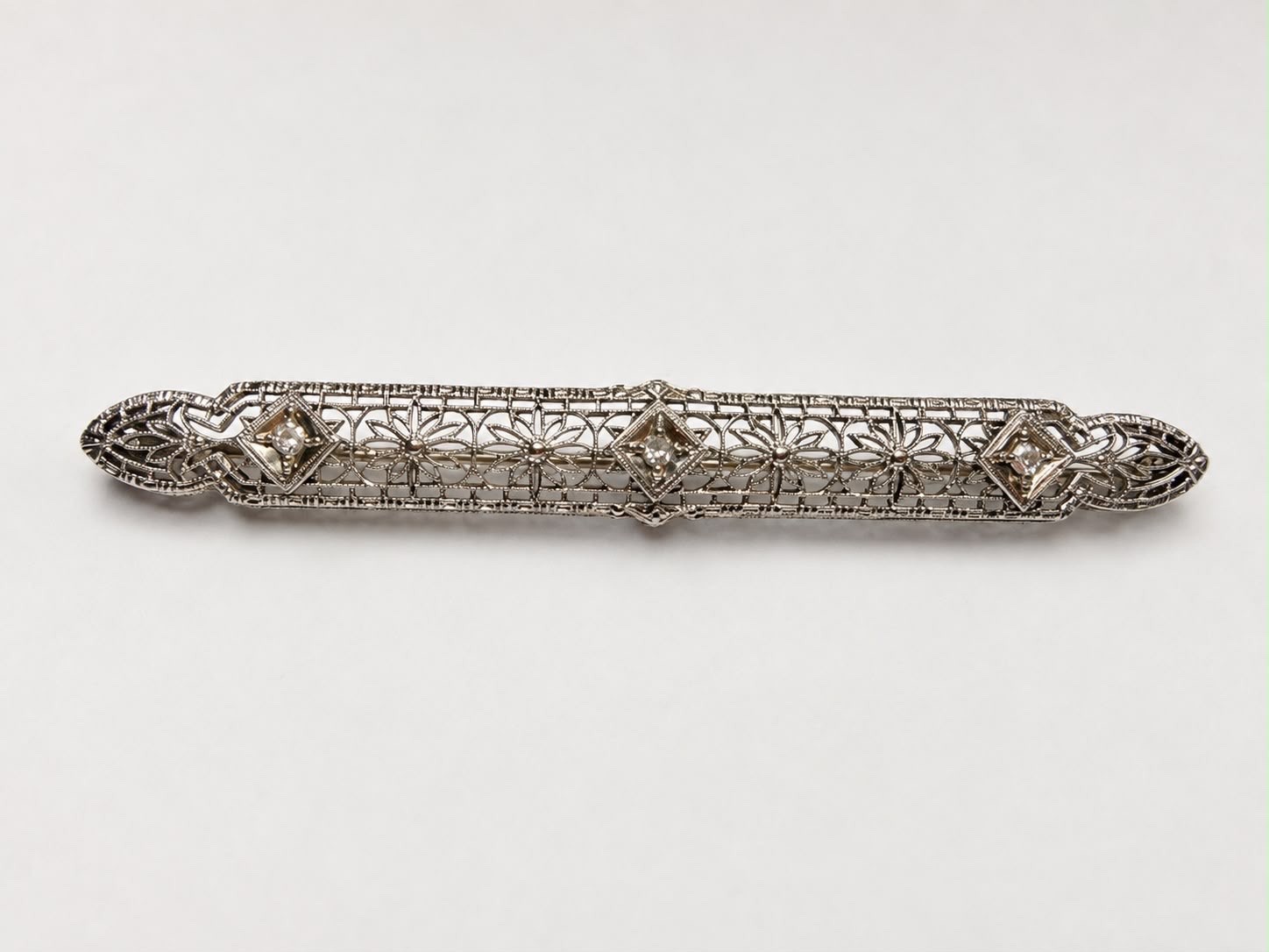 Antique 1920s-30s Birks 14K White Gold 3 Diamond Art Deco Filigree Bar Pin
