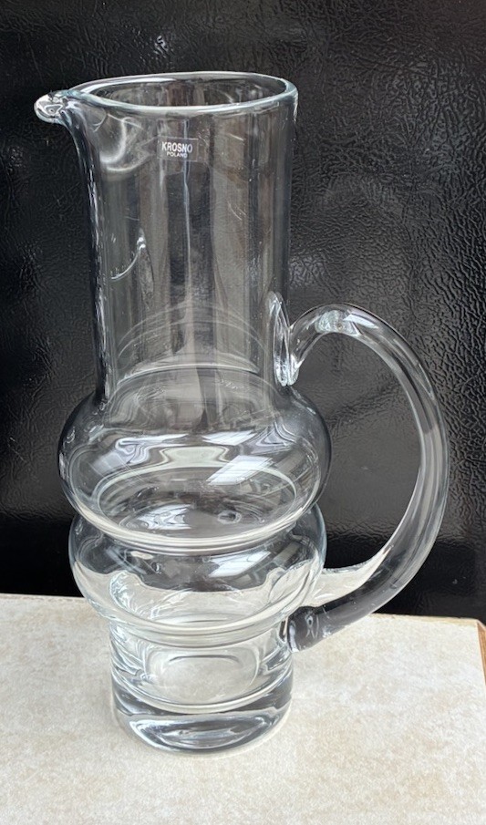 Krosno Poland Glass Water Pitcher Vase Clear Ribbed Rare Thick Glass NOS
