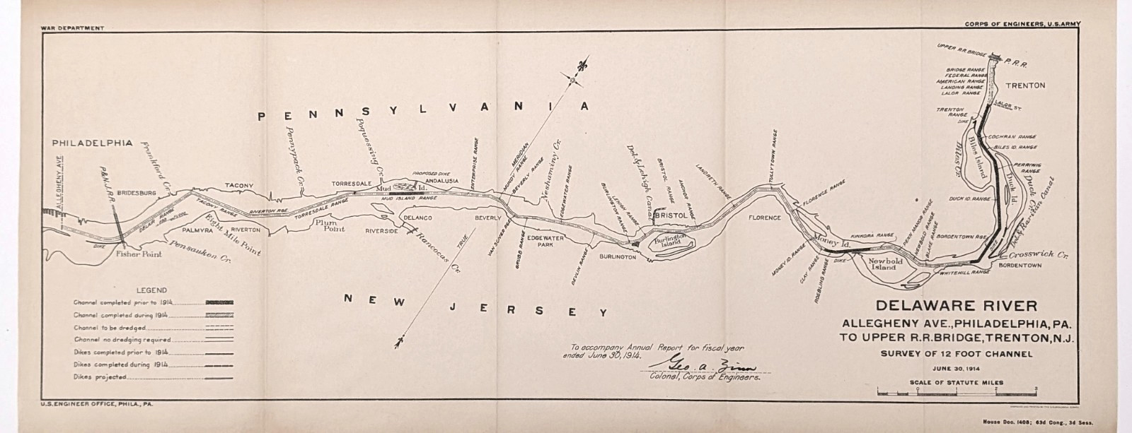 1914 DELAWARE River Map Pennsylvania - New Jersey Andalusia - Bristol - Trenton