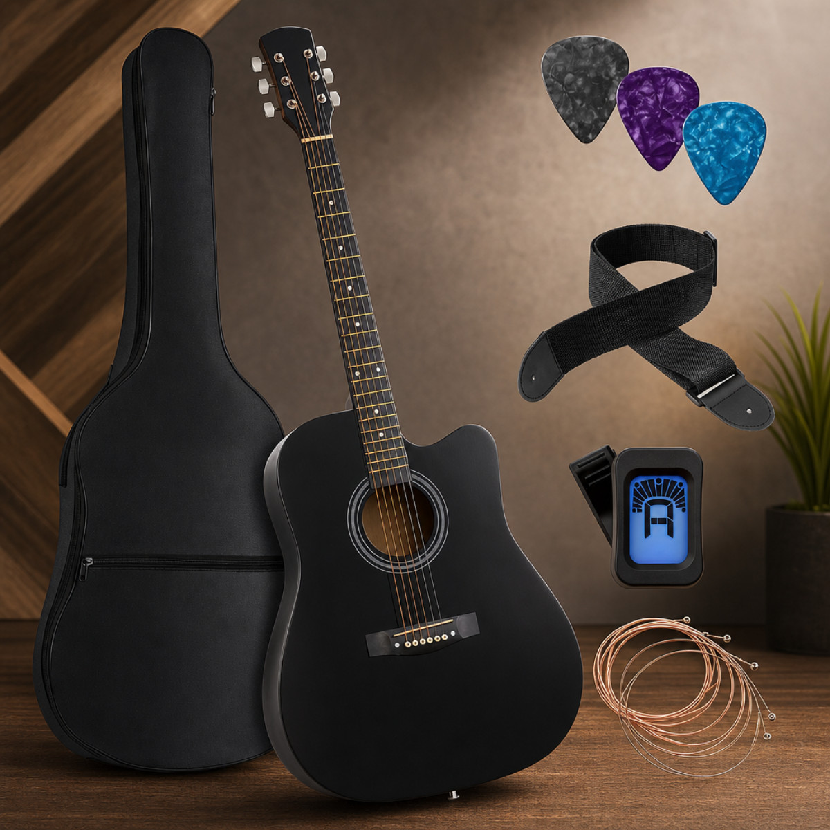 41 Inch Acoustic Guitar Bundle Black Cutaway Beginner Bag Strap Tuner Picks