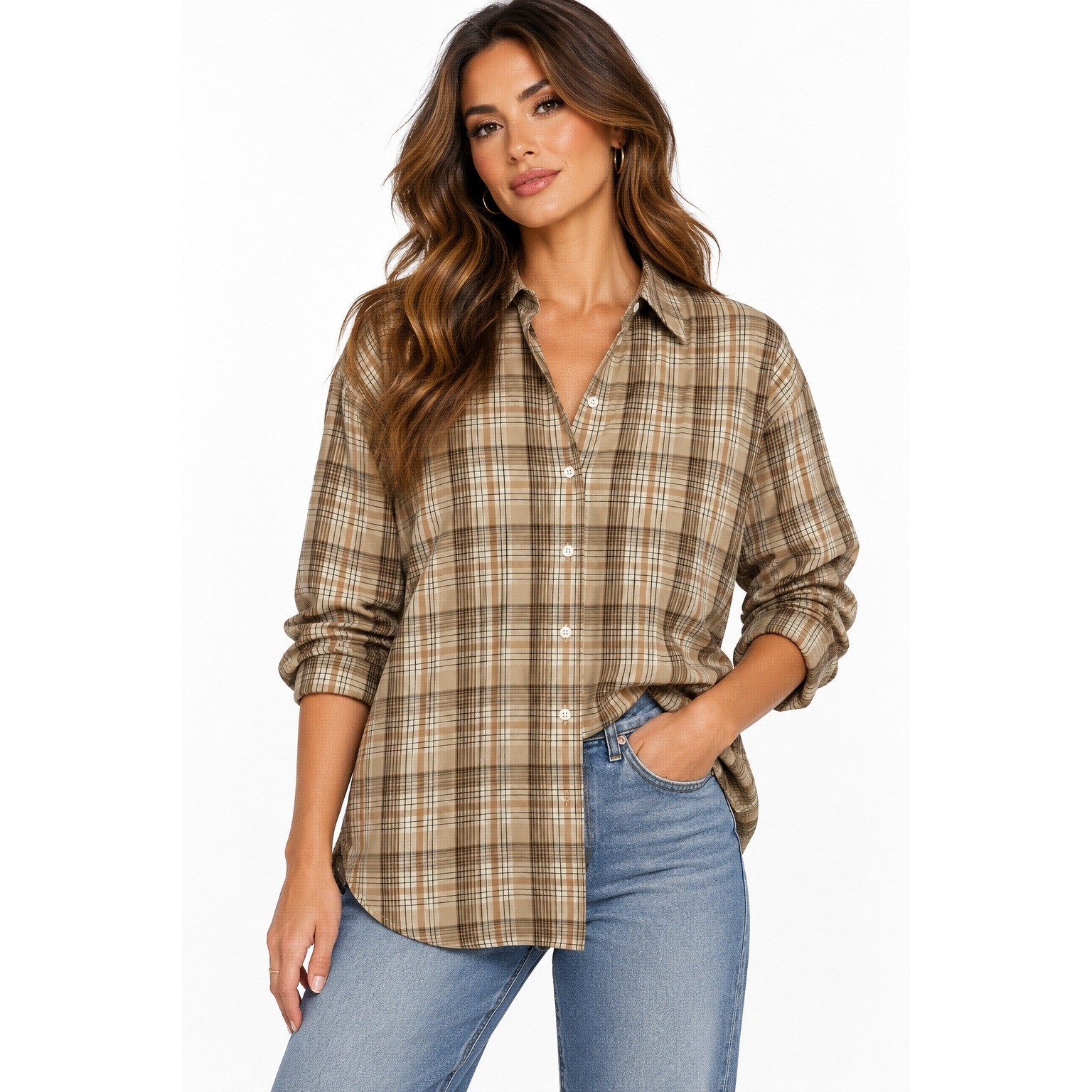 Everlane Silky Cotton Relaxed Shirt Tan Brown Plaid Supima Button Down M NEW