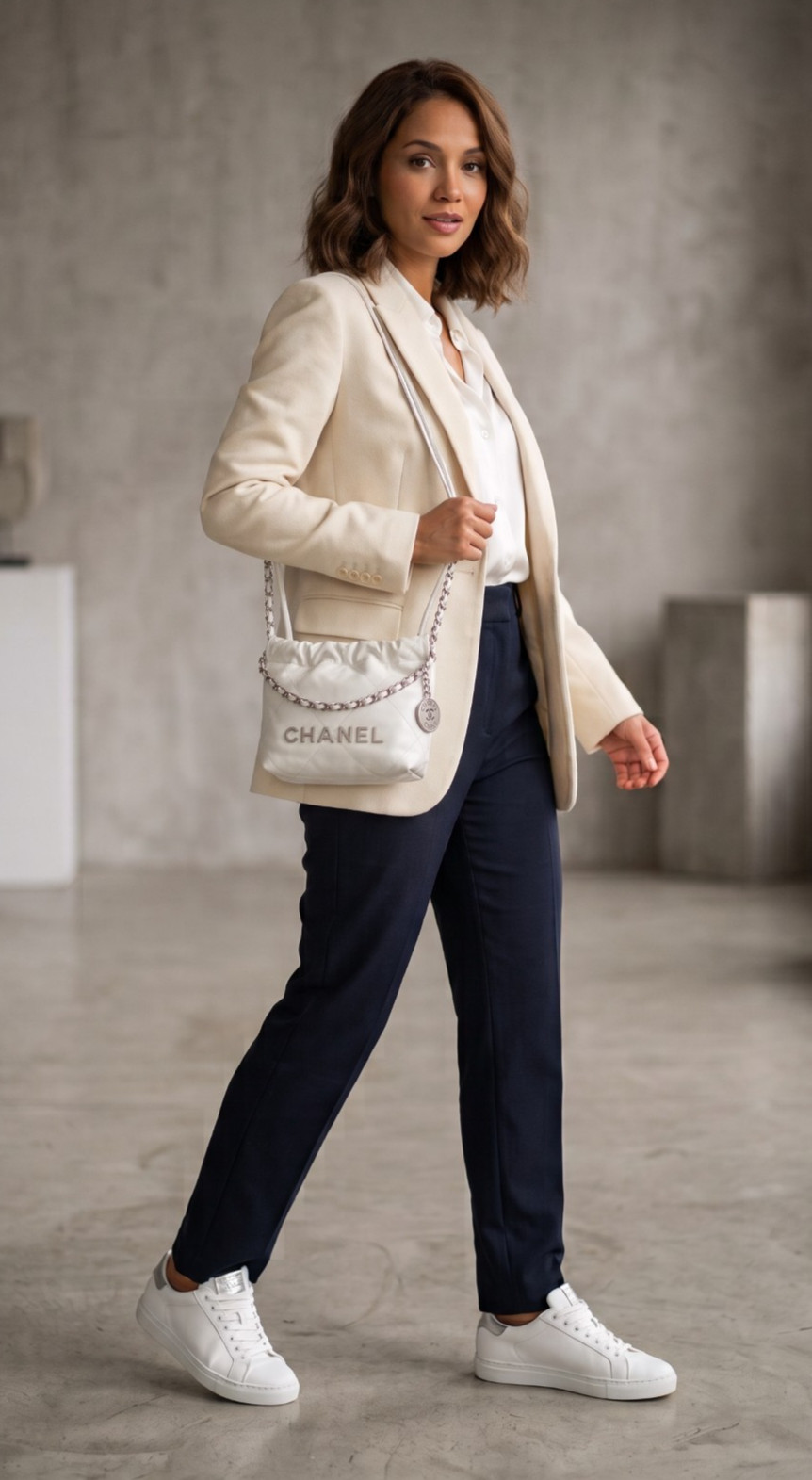 CHANEL 22 Mini Chain Hobo Quilted White Calfskin Silver Hardware Crossbody Bag