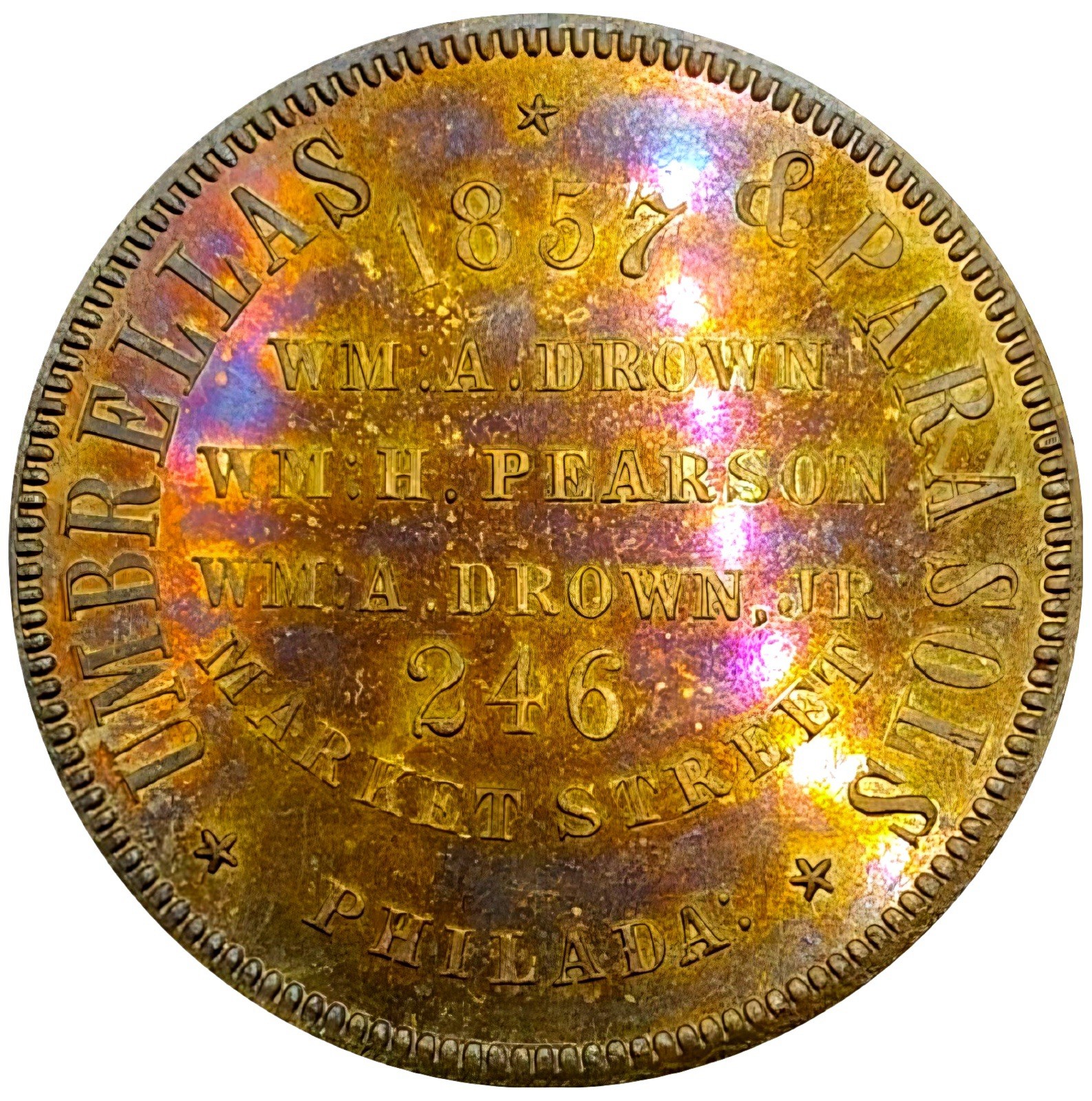 (1857) Philadelphia PA 129b (R-6) Umbrellas W A Drown Merchant Token (1857) Philadelphia PA 129b (R-6) Umbrellas W A Drown Merchant Token