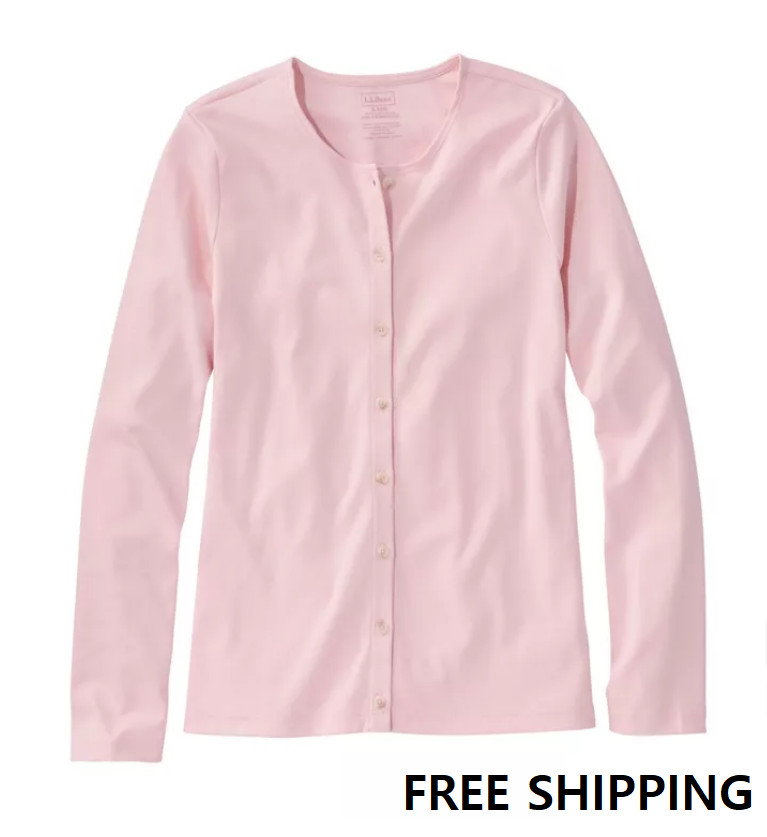 L.L.Bean Women's Pima Cotton Long-Sleeve Crewneck Cardigan, Pale Rose