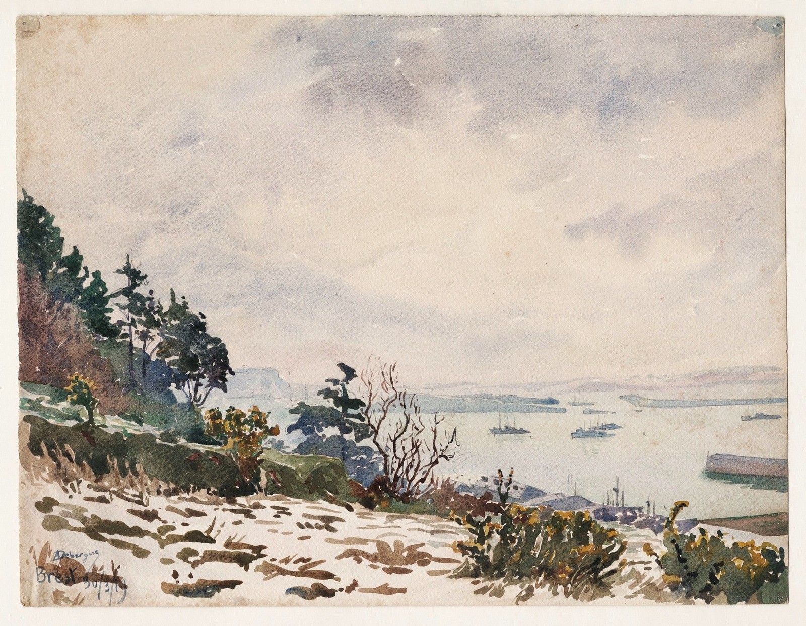 André Alfred Debergue - Brest port Brittany watercolours watercolor drawing 1919