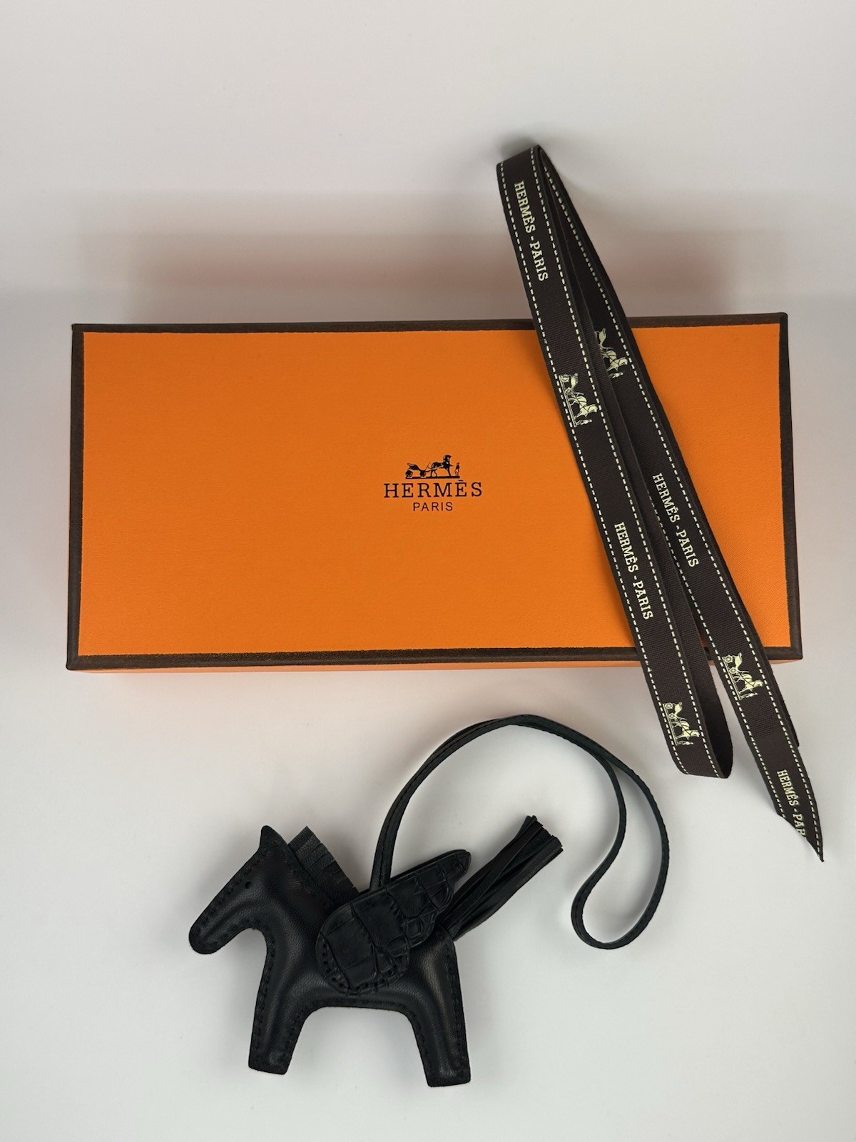Hermes Noir Black Milo Lambskin Alligator Touch Rodeo Pegase Bag Charm