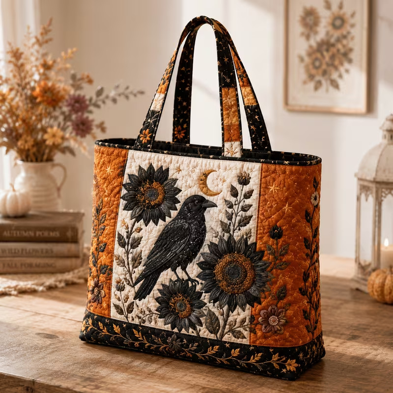 Women\'S Quilted Tote Bag with Gothic Sunflower And Crow, Autumn Quilted Artwork