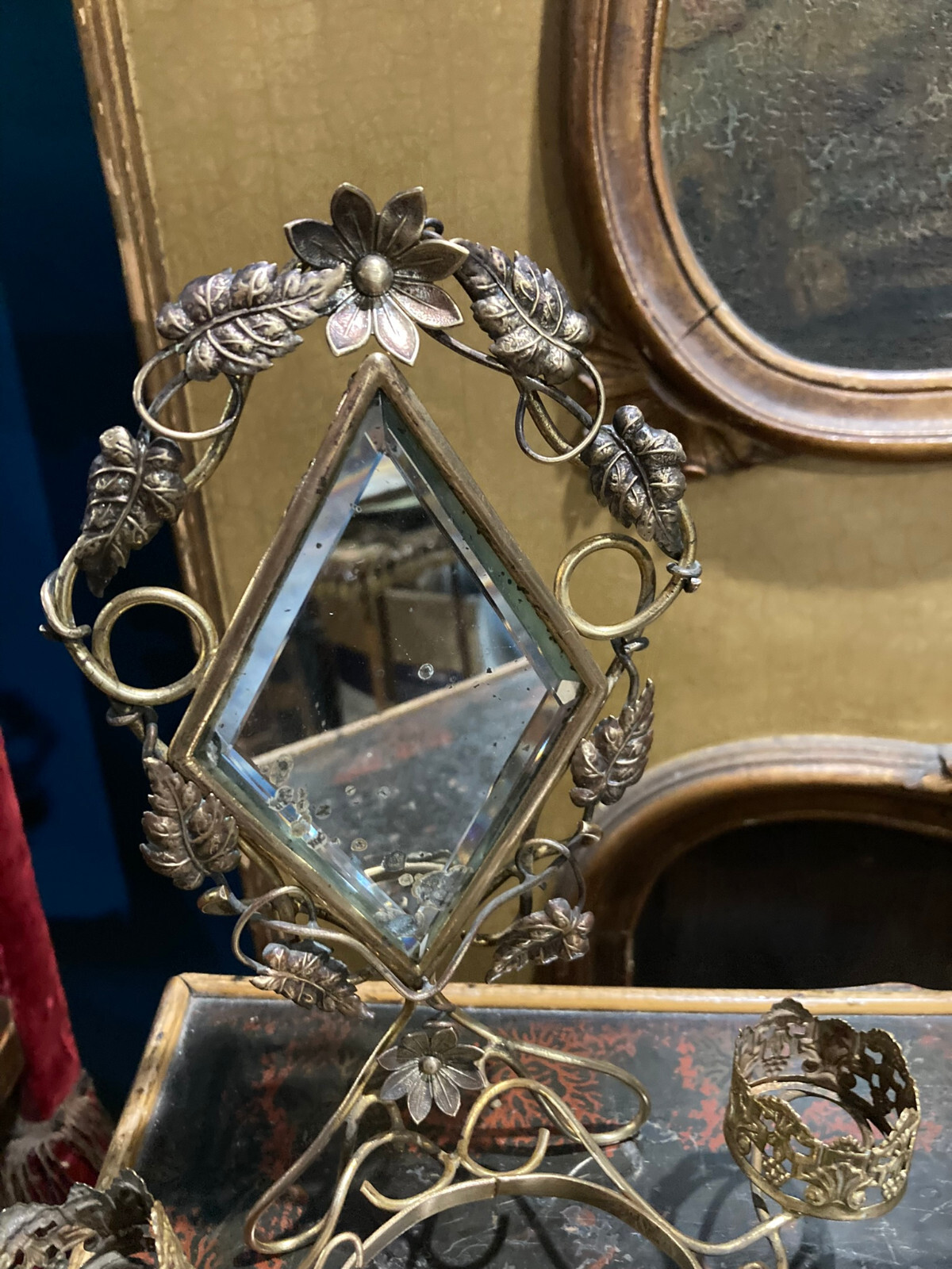 Amazing Antique French Toleware Jewellery /Trinket Stand, Mirror & Glass Casket