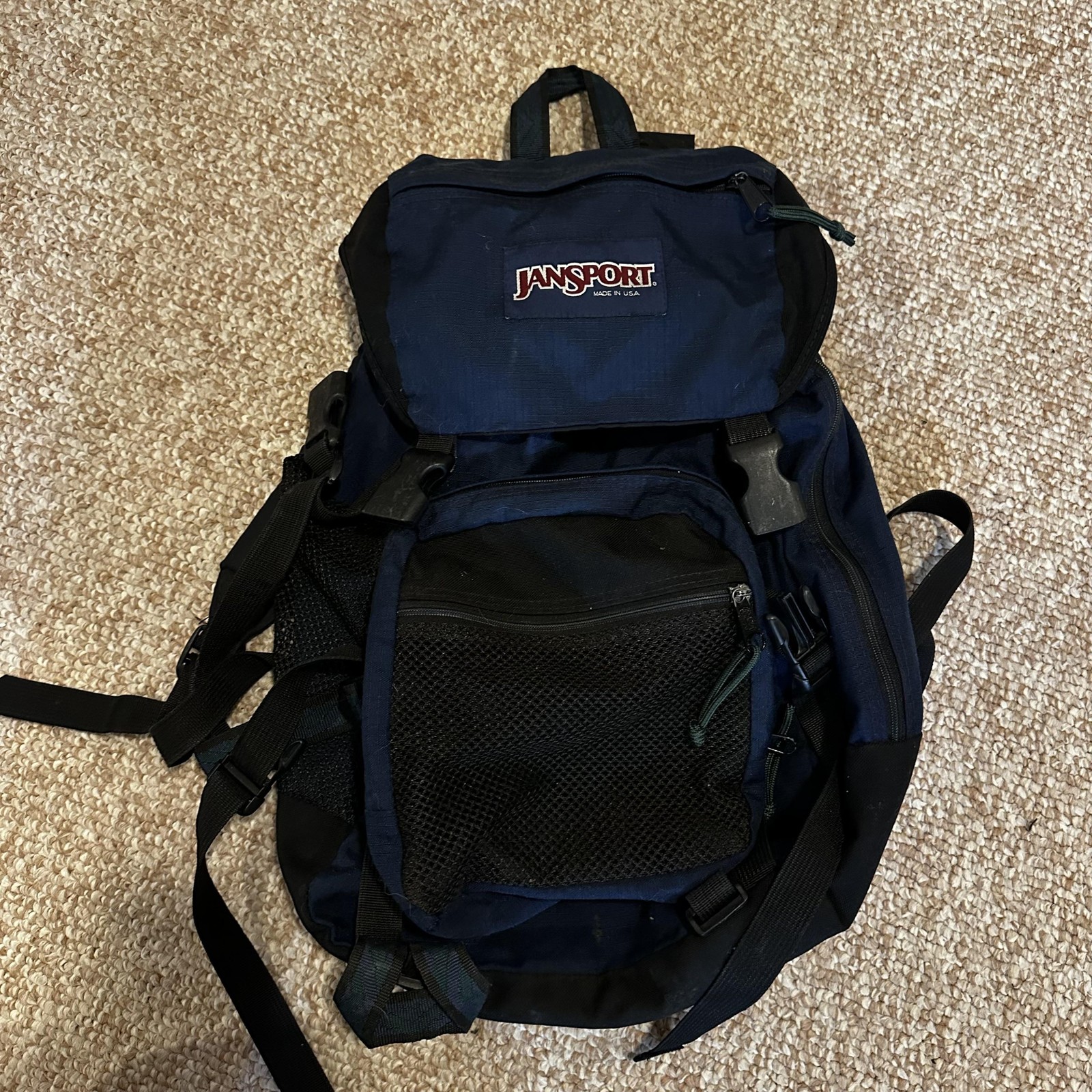 JanSport Blue 19in Backpack Made In USA Mens Waist Belt Hiking Daypack Vintage