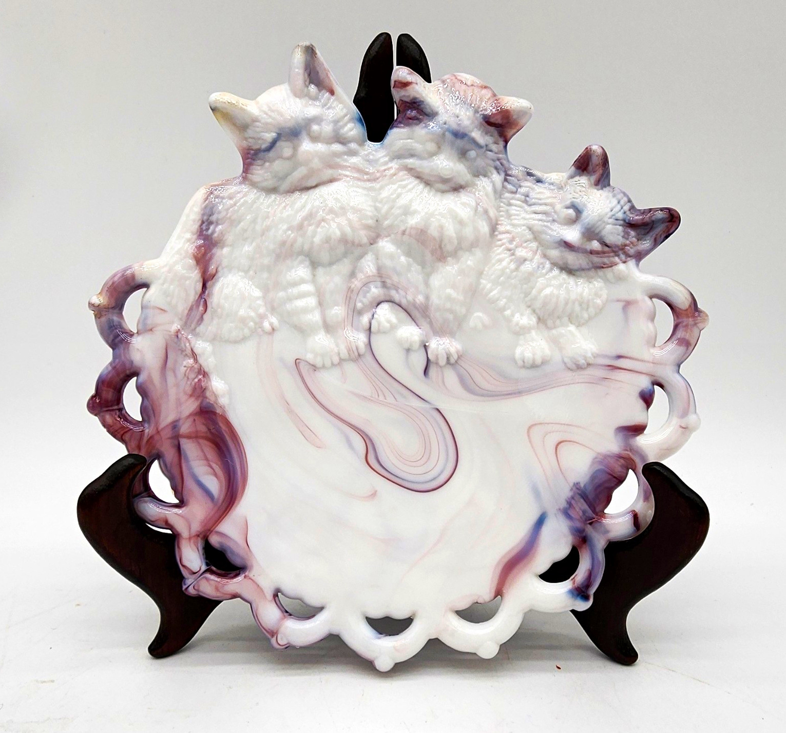 Westmoreland Kitty Cat Kittens Purple White Slag Glass Candy Dish Plate Vintage