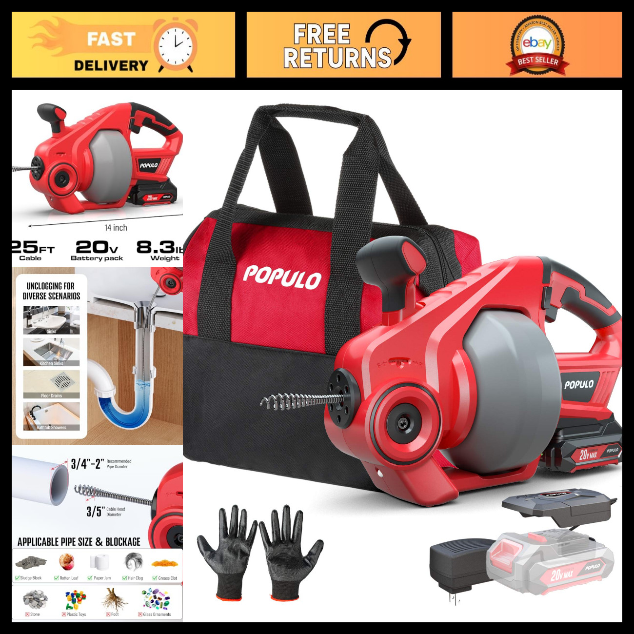 20V Cordless Electric Drain Auger - 25Ft Auto-Feed Snake, Battery & Gloves, for