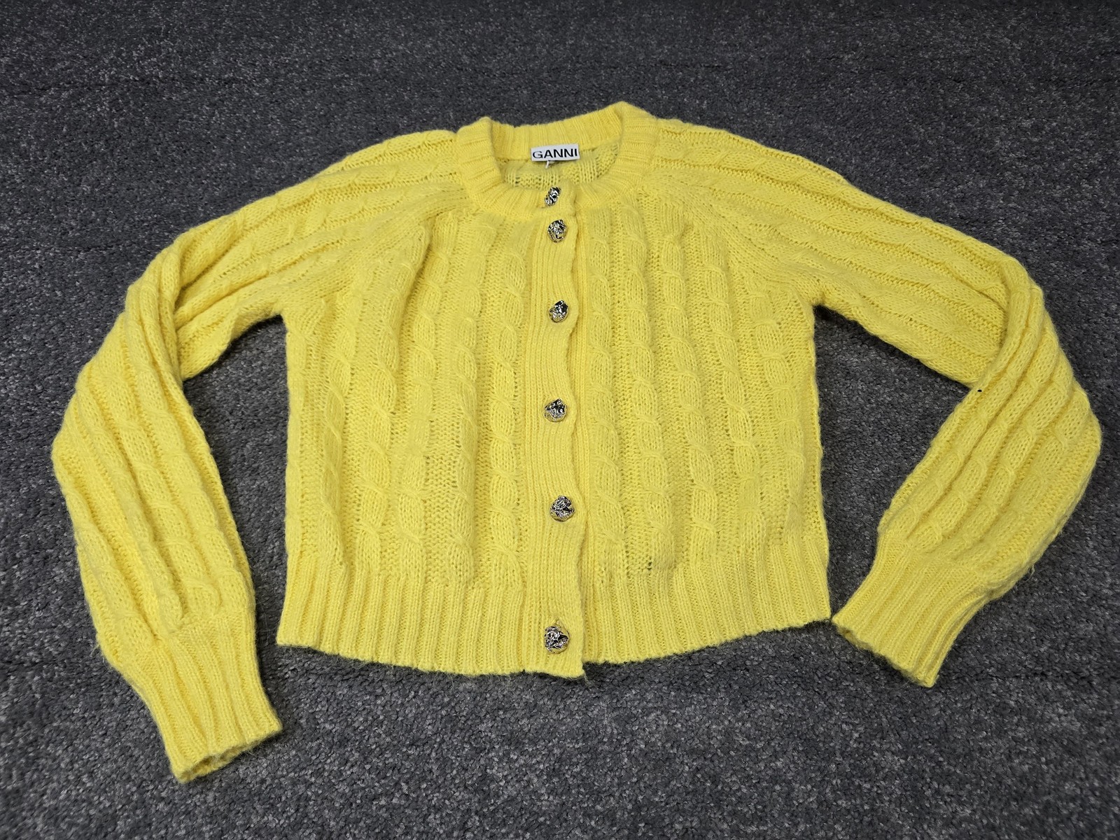 Ganni Sweater Womens Small Yellow Mohair Wool Cable Knit Button Cardigan