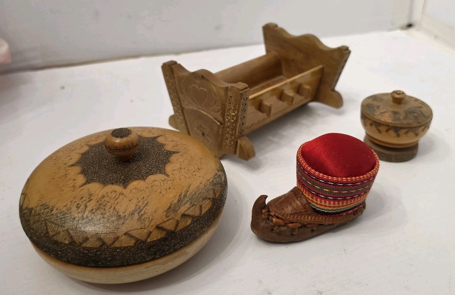 Vintage Hand Carved Wood Trinket Box Lot Balkan Folk Art Mini Cradle Pincushion