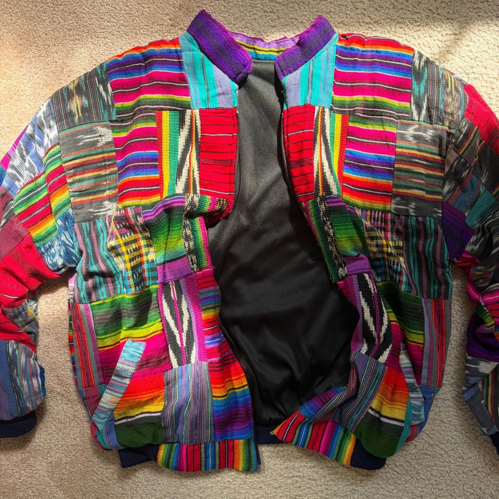 vintage guatemalan woven patchwork bomber jacket rainbow