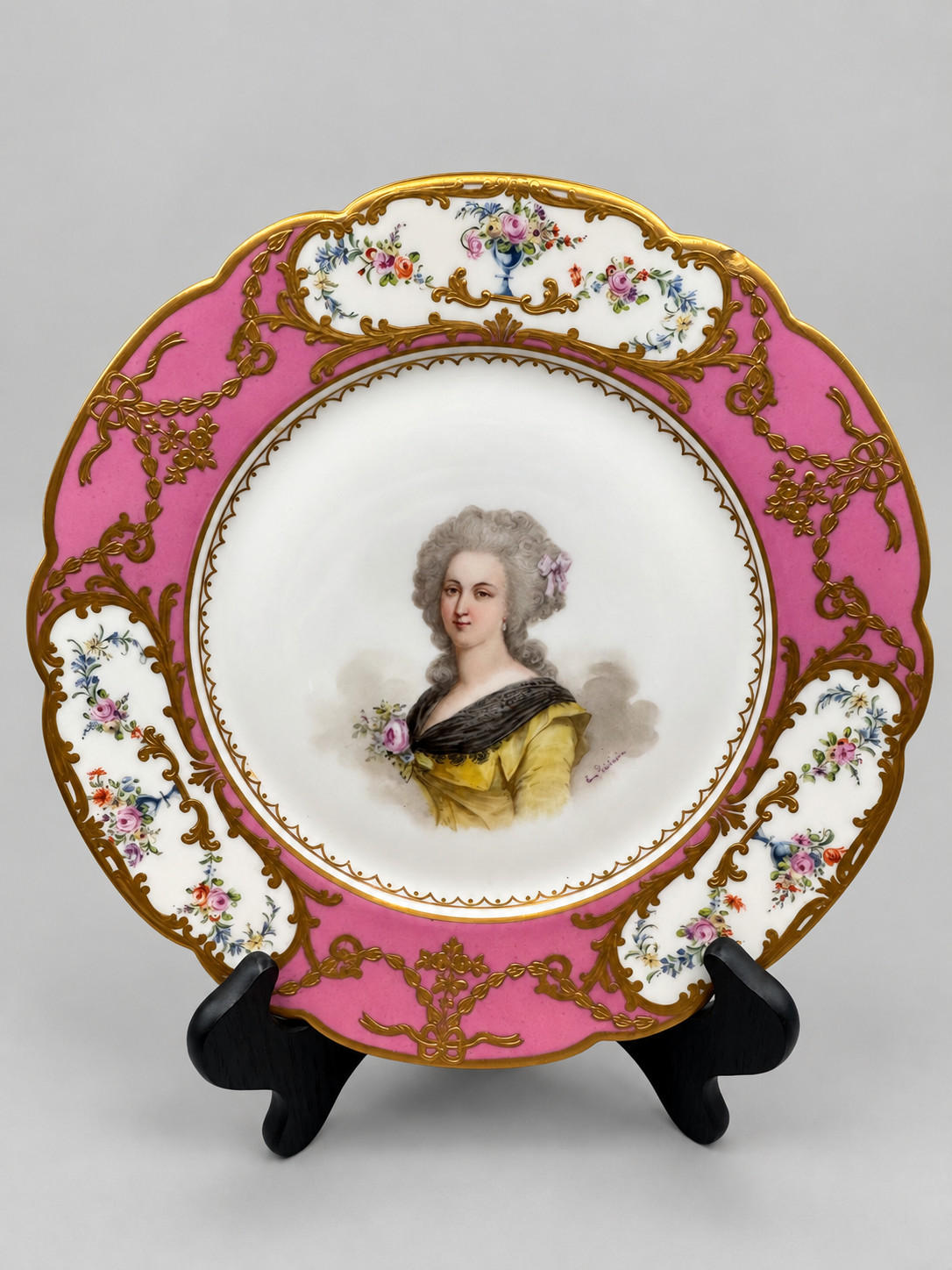Antique Sevres Style French Porcelain Portrait Plate Gallois Pink Gilt- CHIPPED