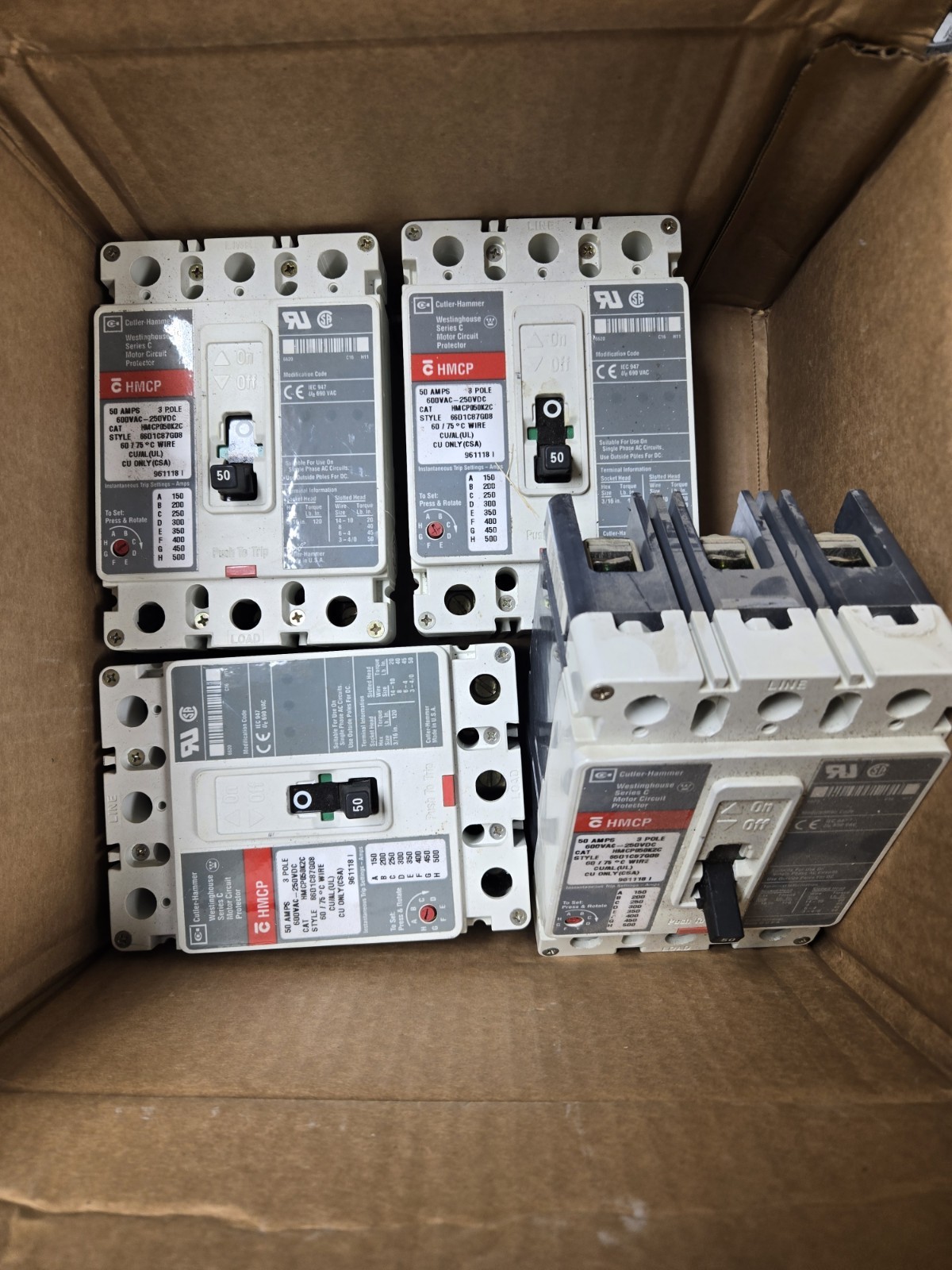 Eaton HMCP050K2C Circuit Breaker 50 Amp, 600 Volt, 3-Pole (LOT OF 4) Eaton HMCP050K2C Circuit Breaker 50 Amp, 600 Volt, 3-Pole (LOT OF 4)