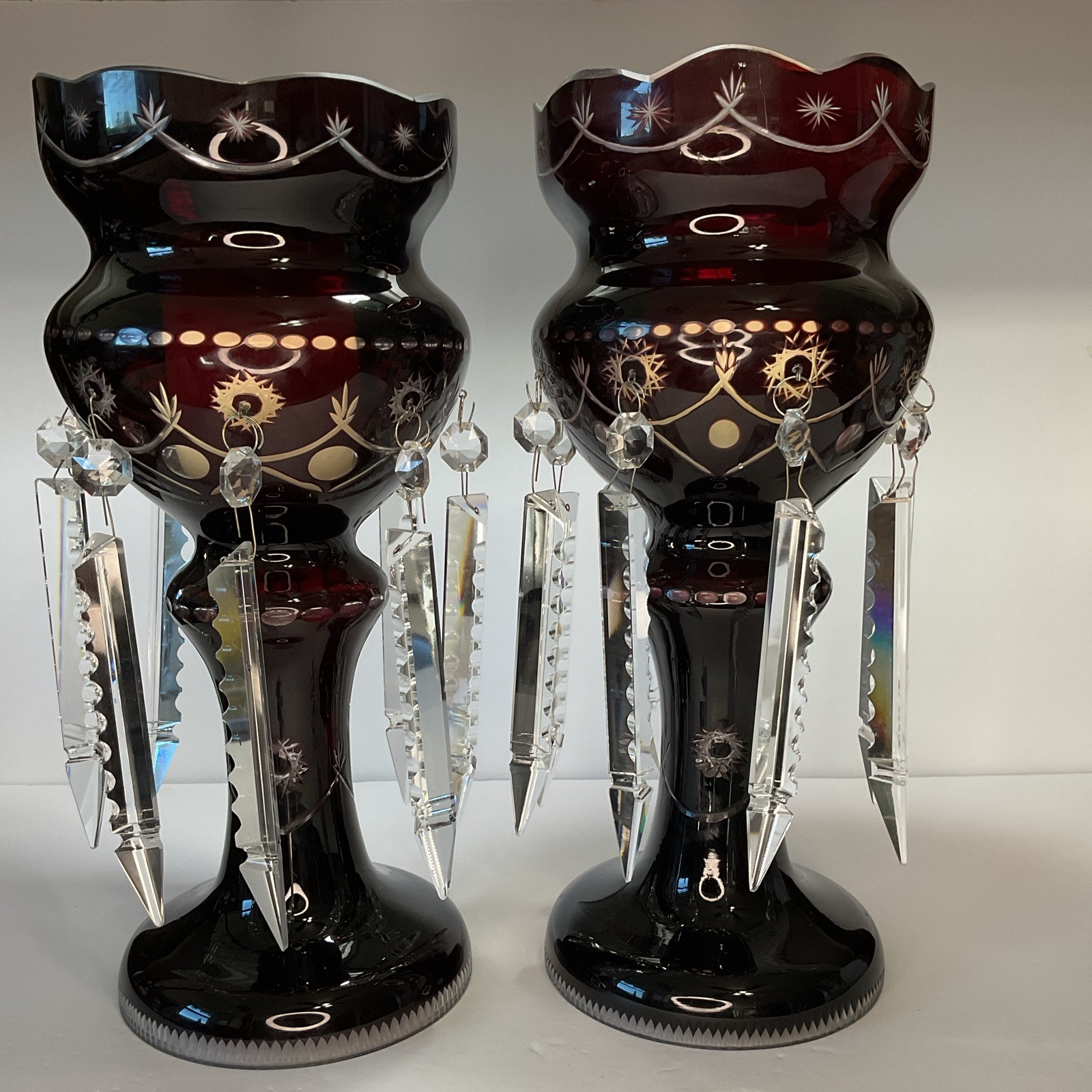 Pair of Large Bohemian Ruby Overlay Glass Candle Holders w/ Prism Drops