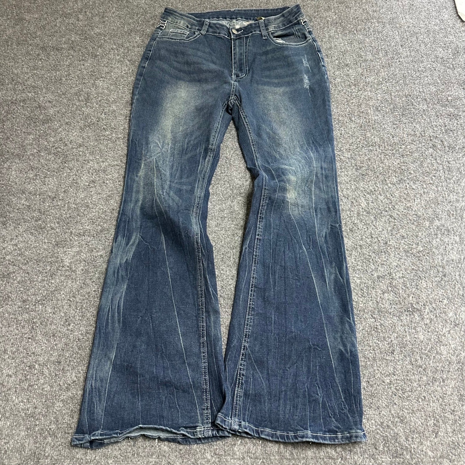 Romwe Jeans Womens XL Blue Viscose Flare Leg Embroidered Cross Y2K Distressed Romwe Jeans Womens XL Blue Viscose Flare Leg Embroidered Cross Y2K Distressed