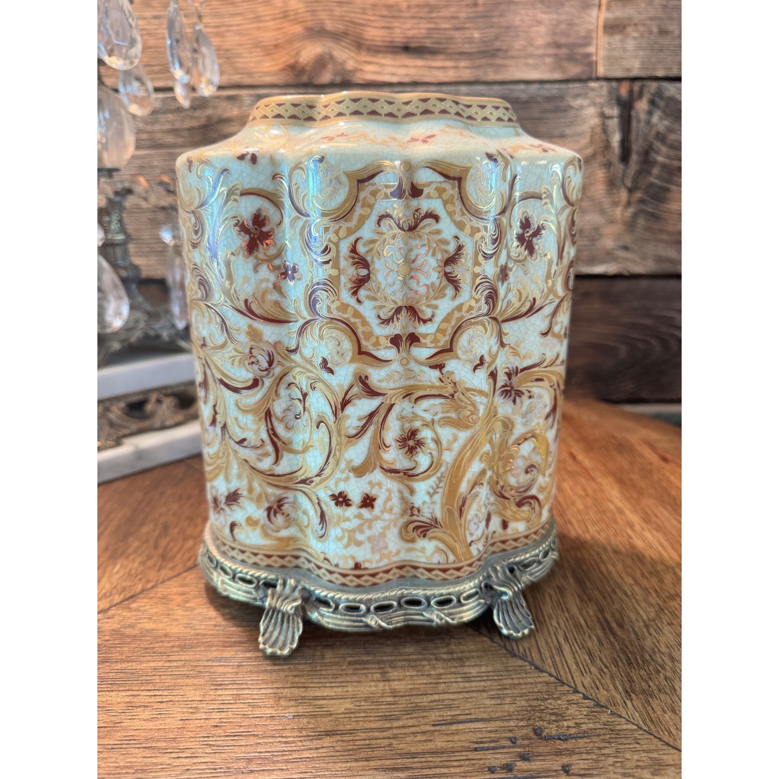 Amita Crackle Glaze Ceramic Jar with Ormolu Brass Base Floral Decorative Vase