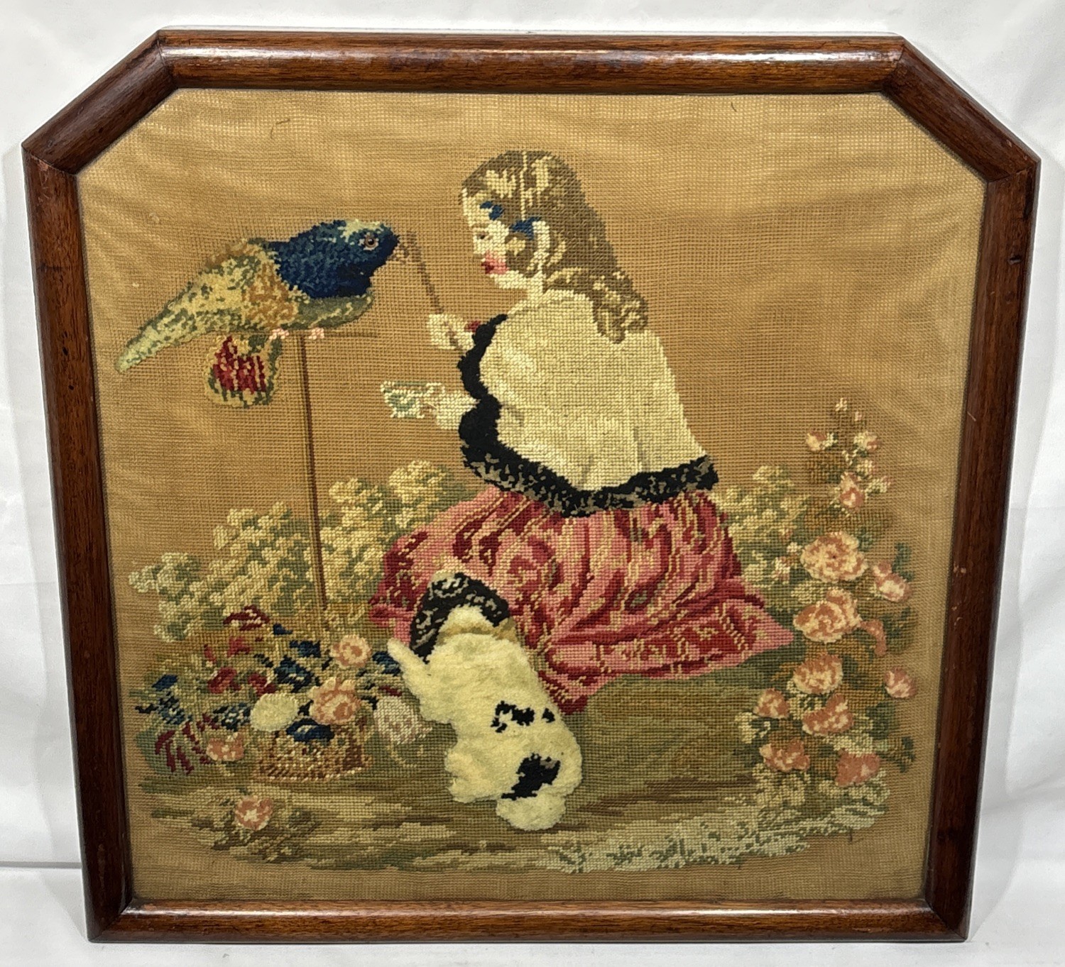 Antique Needlepoint Stumpwork Plushwork King Charles Spaniel Girl Parrot Flowers Antique Needlepoint Stumpwork Plushwork King Charles Spaniel Girl Parrot Flowers