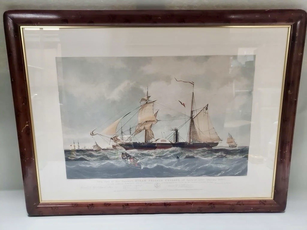 Antique 1857 Hand Colored Engraving HMS Cyclops Steam Frigate Ackermann London