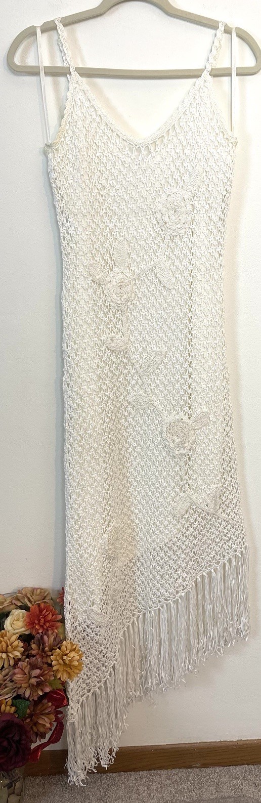 SUE WONG Vintage 90s Y2K Crochet Floral Fringe Asymmetrical Midi Dress L