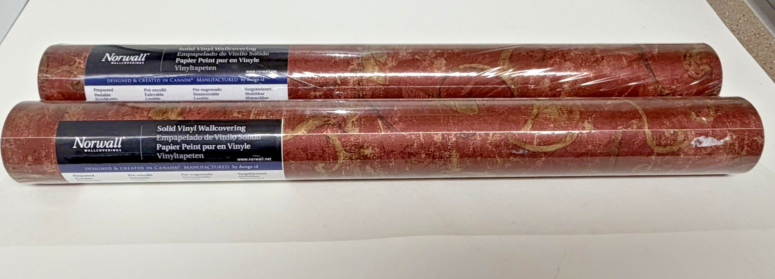 Norwall Solid Vinyl Wallpaper NTX25738 Pre-paste 56.4SqF Maroon/Gold Lot 2