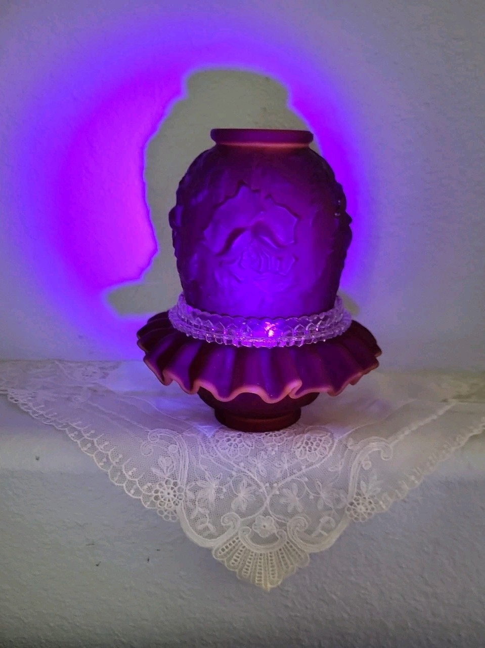 Vintage Fenton For LG Wright Embossed Rose Fairy Lamp 3 Piece Satin Red GLOWS