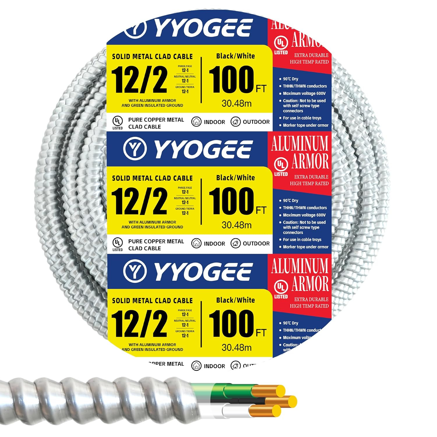 12/2 100FT MC Cable with Ground, 12 Gauge Wire Metal Clad Cable with Solid Coppe