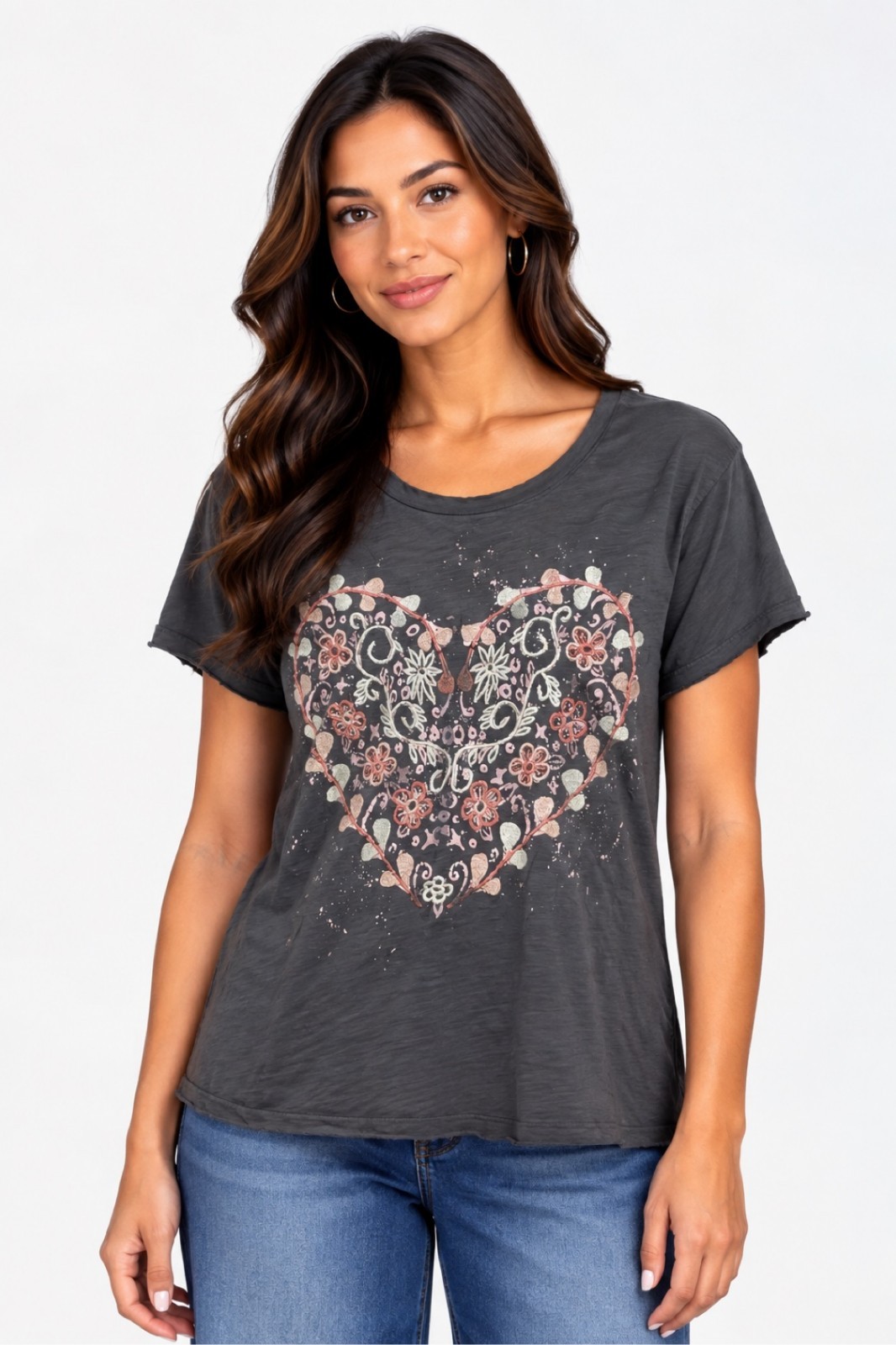 NWT Kyla Seo Comfort Sirena Tee Dark Grey Embroidered Heart Floral Sz S Small NWT Kyla Seo Comfort Sirena Tee Dark Grey Embroidered Heart Floral Sz S Small