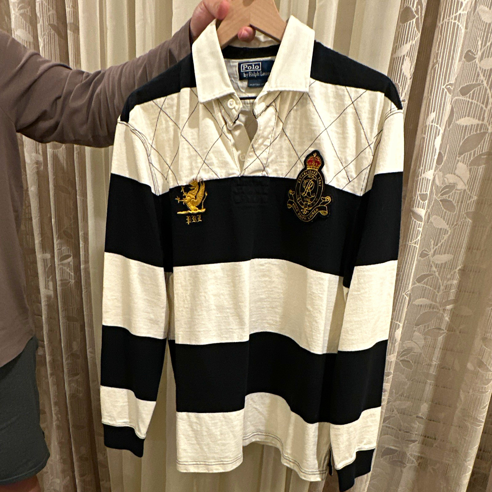 VINTAGE Polo Ralph Lauren Men\'s L Custom Fit Long Sleeve Striped Multi Logo