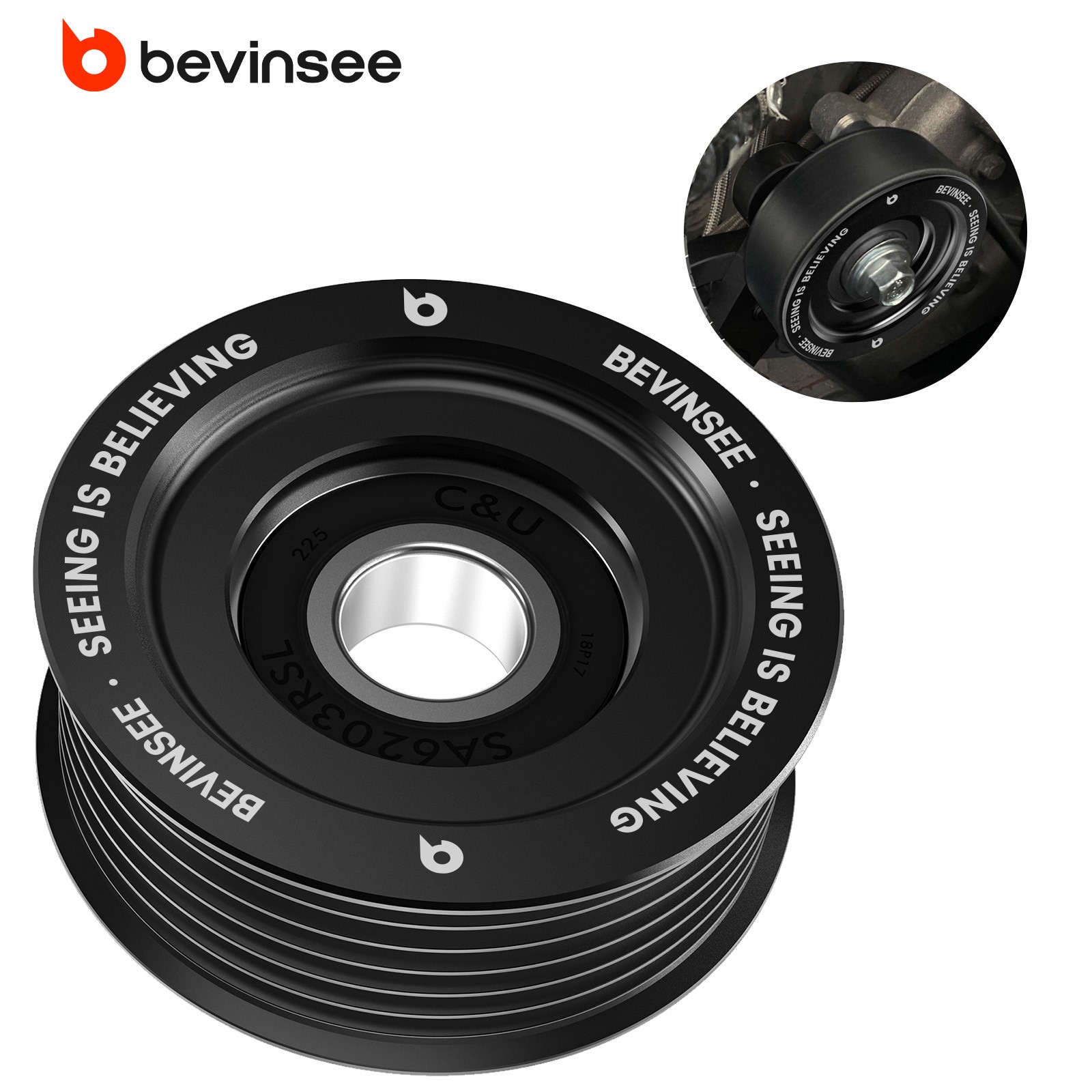 BEVINSEE LS Blet Tensioner Pulley 2.75 Diameter 6 Rib Grooved Billet Aluminum