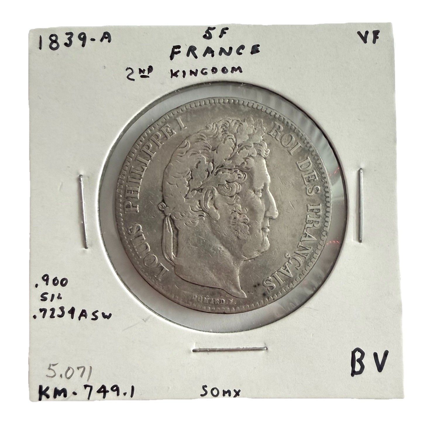 1839-A France Louis Philippe I 2nd Kingdom 25g .900 Silver Coin KM#749 1839-A France Louis Philippe I 2nd Kingdom 25g .900 Silver Coin KM#749